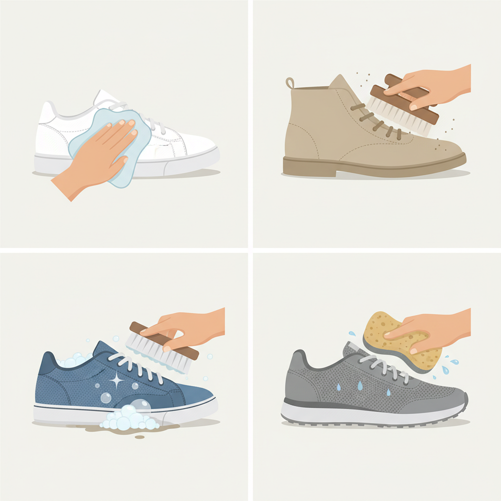 A detailed, modern flat illustration depicting a visual guide to cleaning different sneaker materials. The image should feature four distinct sections or quadrants, each illustrating a different sneaker material: smooth leather, delicate suede, woven textile/canvas, and synthetic mesh. Within each section, a generic sneaker of that material is shown with a specific, appropriate cleaning tool in action (e.g., a suede brush gently cleaning suede, a damp cloth wiping leather, a soft brush with suds on canvas, a sponge on mesh). The background should be clean and light, emphasizing the different textures and cleaning methods without any text.