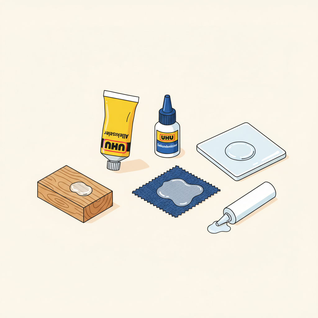 A detailed flat illustration depicting various UHU glue products: a classic yellow-and-black tube of 'Alleskleber', a small, upright bottle of 'Sekundenkleber', and a solid 'Heißkleber' stick. These items are subtly associated with different stained surface samples, such as a small wooden block with a dried glue spot, a piece of textured fabric with a sticky residue, and a smooth ceramic tile exhibiting a clear, hardened glue mark. The composition conveys common, everyday glue mishaps on diverse materials, set against a clean, light background. The style is modern, vibrant, and visually appealing, highlighting the textures of materials and the different glue forms.
