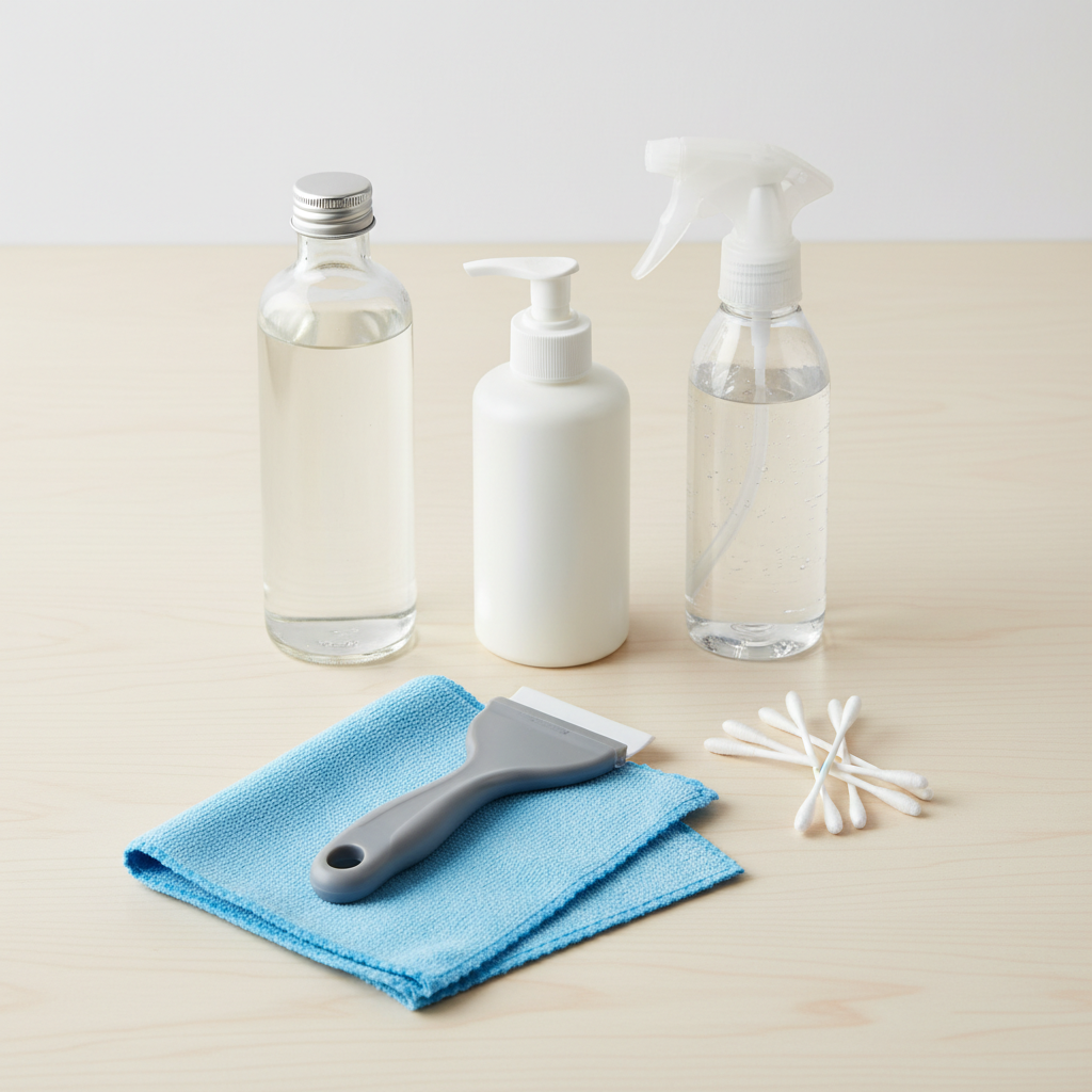 A professional still-life photo showcasing an organized array of generic cleaning tools and liquids often used for stain removal. The composition includes a small, blunt plastic scraper, a few cotton swabs, a soft microfibre cleaning cloth, and unlabelled, minimalist bottles or containers representing common cleaning agents (e.g., a clear bottle for an alcohol-based solution, a white bottle for a mild soap solution, and a spray bottle for water). The items are neatly arranged on a clean, light surface, suggesting preparedness for a cleaning task. The image has bright, even lighting and a crisp focus, embodying a practical and helpful aesthetic.