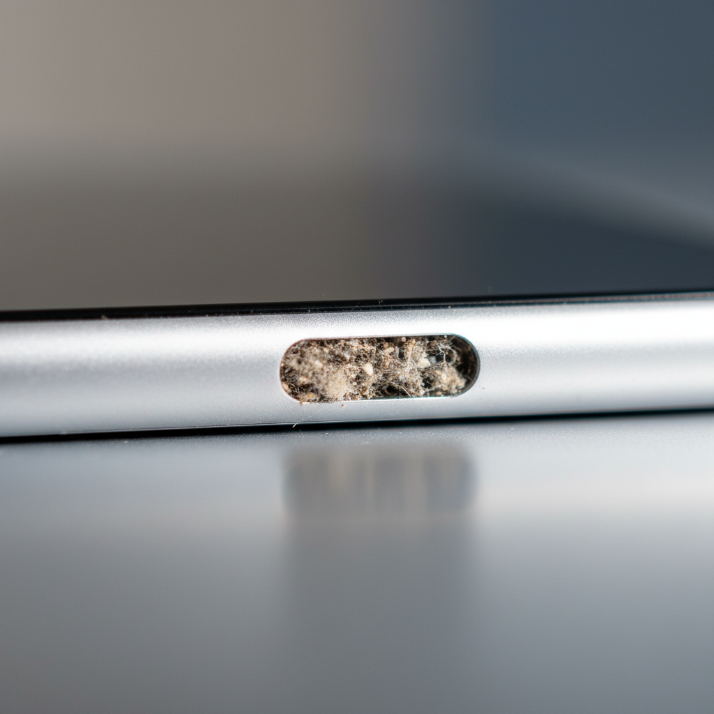 A macro, professional photo of a USB-C port on a sleek, modern smartphone or laptop. The port is visibly clogged with a mixture of fine dust, lint, and tiny debris, making the internal pins partially obscured. The lighting should highlight the accumulated dirt, creating a strong contrast with the device's clean surface, emphasizing the problem before cleaning. The background is softly blurred to keep the viewer's focus sharply on the dirty port.