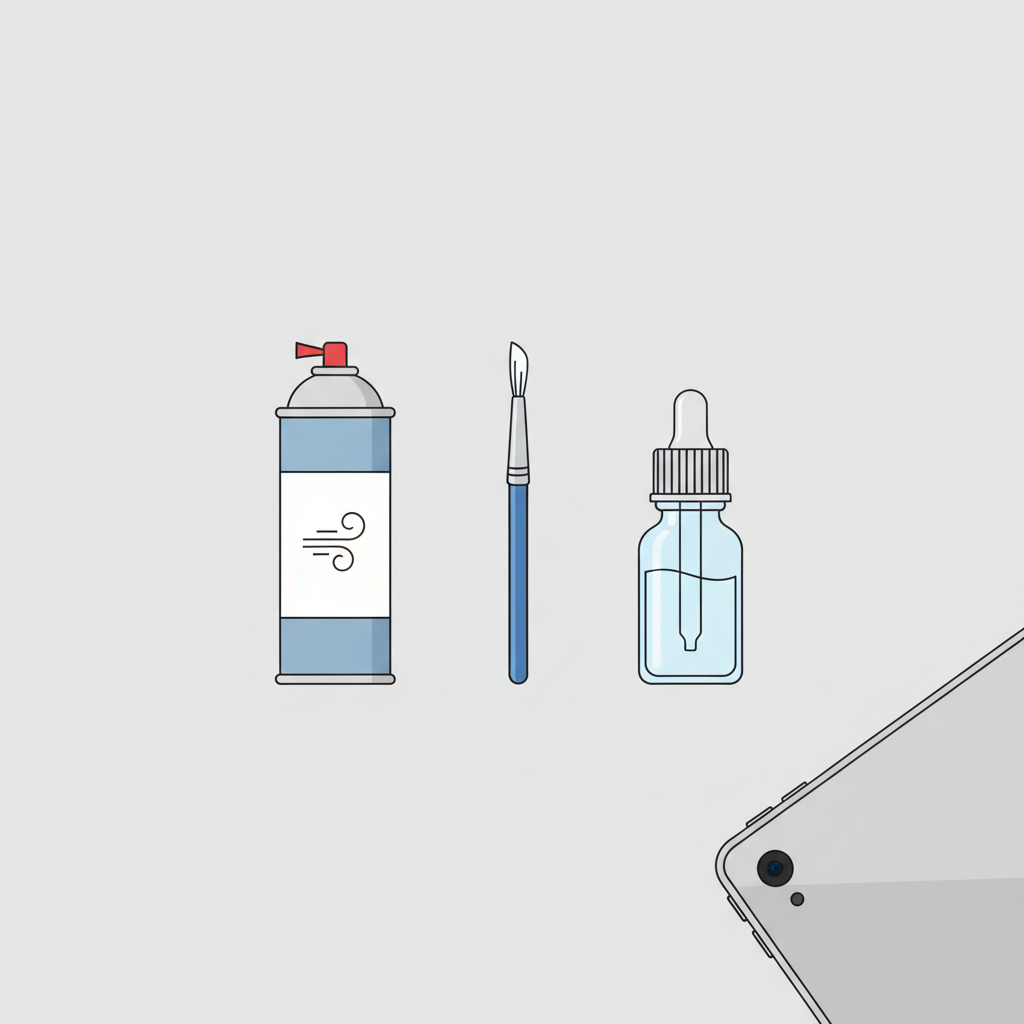 A flat illustration in a clean, modern style depicting the essential, safe tools for USB port maintenance. On a minimalist light background, neatly arranged are a small can of compressed air, a non-metallic fine-tipped brush, and a small bottle of isopropyl alcohol with a dropper. A generic electronic device's edge, featuring a USB port, is subtly integrated into the composition, conveying readiness for a gentle cleaning process.