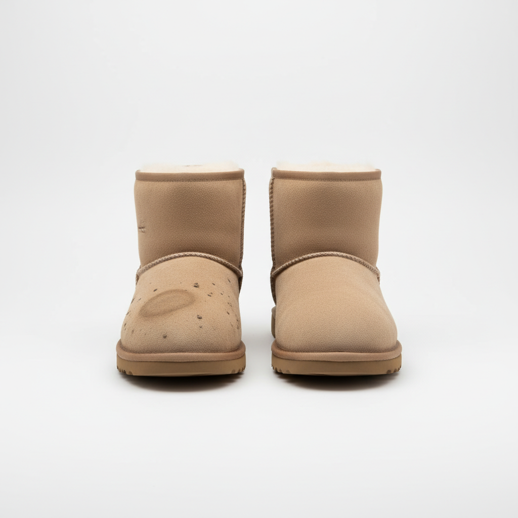 A visually compelling image showing a pair of classic beige Ugg boots. One boot is clearly marked with common blemishes: a visible water stain ring near the toe, a few dried mud splatters along the side, and a subtle grease spot, illustrating the challenges described in the article. The other boot in the pair appears pristine and clean, highlighting the potential for restoration. The image should convey both the problem of stains and the promise of a renewed appearance. Professional product photography style, clean background, sharp focus on the boots' suede texture.
