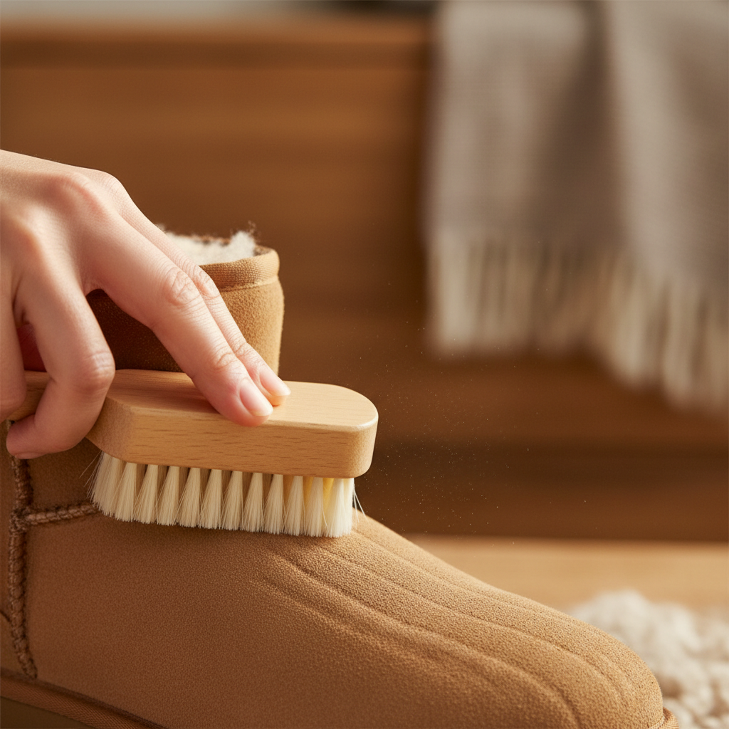 A detailed close-up shot of the initial cleaning step for an Ugg boot. A hand, gently holding a specialized soft-bristled suede brush, is carefully brushing the surface of a light brown Ugg boot. The brush strokes are visible, moving in a consistent, single direction, with a slight puff of very fine dust particles emanating from the boot's surface, indicating the removal of loose dirt and preparation. The image should emphasize the texture of the suede and the care taken in the process. Professional, high-definition product photography, warm lighting.