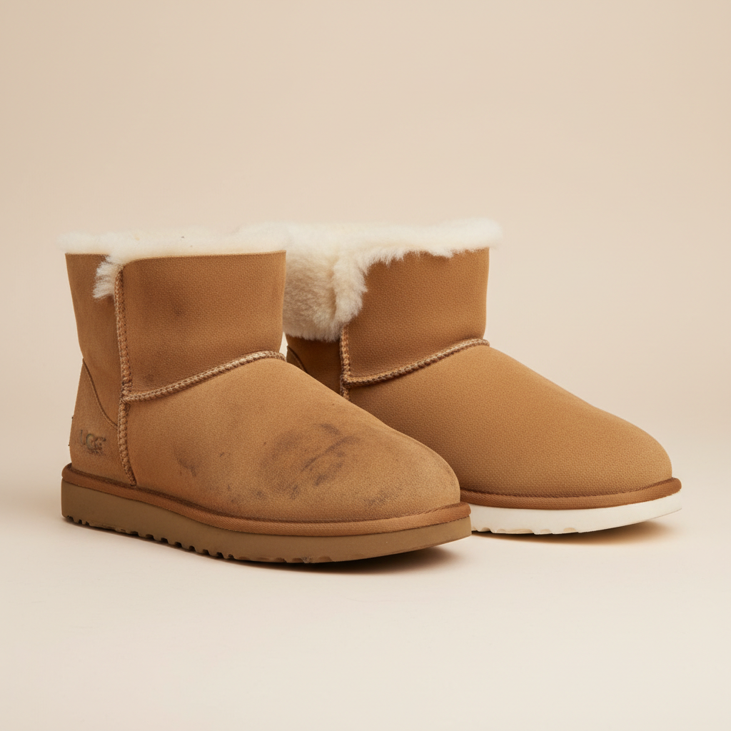 A pair of classic camel-colored Ugg boots placed on a clean, neutral background. One boot appears visibly dirty with subtle water stains and scuffs on the suede, indicating heavy wear and tear. The other boot, placed beside it, is immaculately clean, with soft, pristine suede and fluffy sheepskin lining peeking out, radiating freshness and comfort. The contrast clearly illustrates the 'before and after' of a proper cleaning process. Professional product photography style with soft, natural lighting.