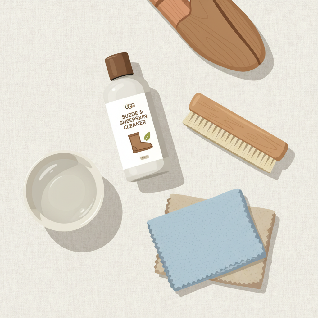 A neat flat lay illustration showcasing the essential tools for cleaning Ugg boots. The arrangement includes a generic bottle of specialty suede/sheepskin cleaner, a soft-bristled suede brush, two folded clean microfiber cloths, a small bowl of clear water, and a cedar shoe tree subtly in the background. The items are thoughtfully arranged on a light, textured surface, emphasizing organization and preparedness for the cleaning task. Clean, modern flat illustration style with soft shadows and a muted, inviting color palette.