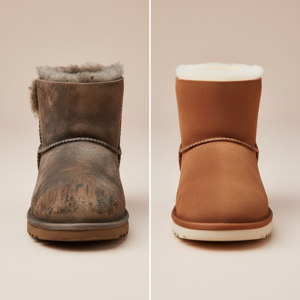 A split-image or side-by-side comparison of two Ugg boots. On one side, a boot appears visibly dirty with mud splatters and scuff marks on its suede surface, looking worn. On the other side, an identical Ugg boot is pristine, clean, and fluffy, with vibrant, well-maintained suede, appearing brand new. The background is neutral and soft, emphasizing the stark transformation. Professional product photography style, high resolution.