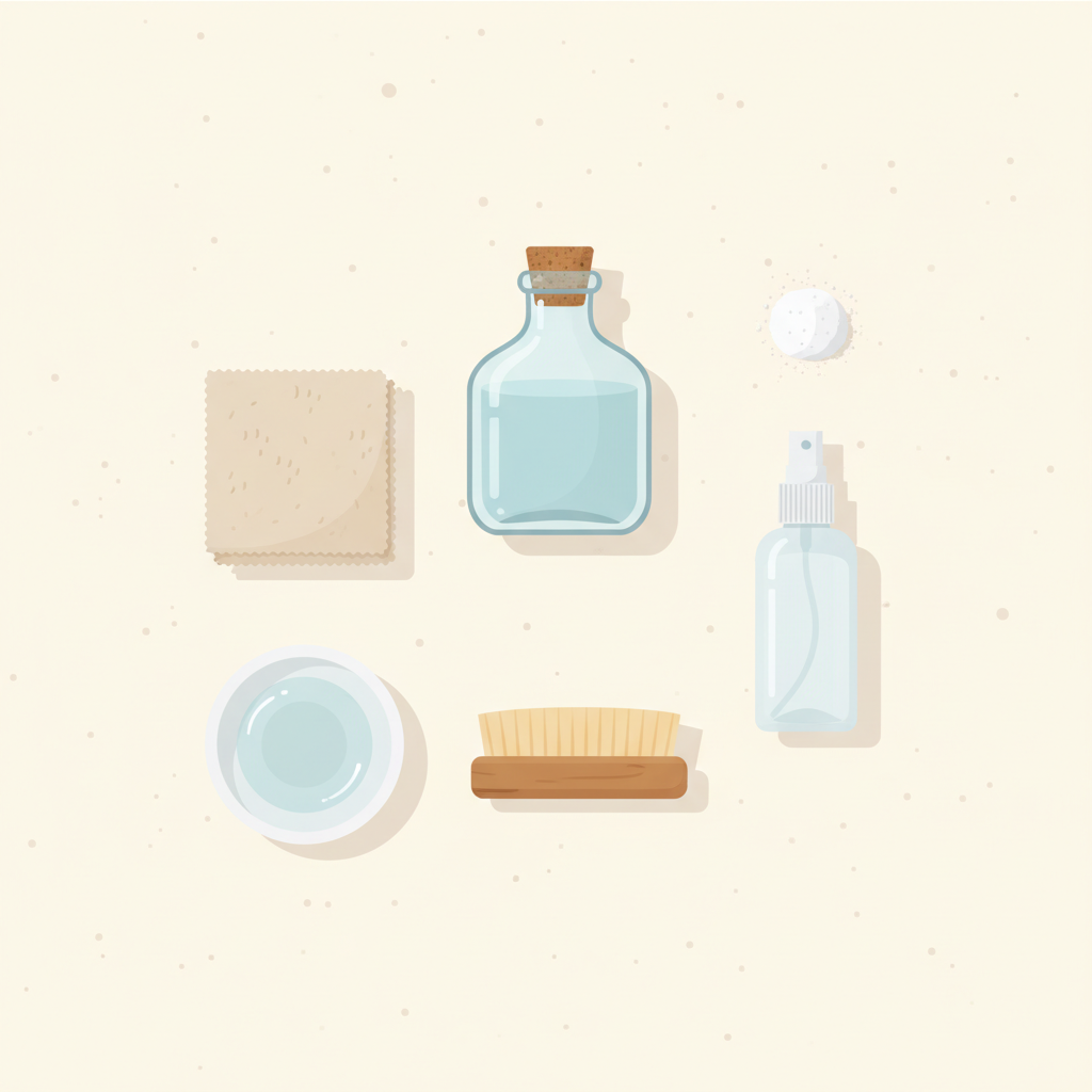 An overhead flat lay illustration showcasing various Ugg cleaning tools and solutions neatly arranged on a light-colored surface. Featured items include a bottle of cleaning solution, a soft cloth, a small bowl of clean water, a soft bristled suede brush, a small pile of baking soda, and a spray bottle of protection spray. Each item is clearly identifiable and distinct, depicted with a clean, modern flat illustration style suitable for a blog.