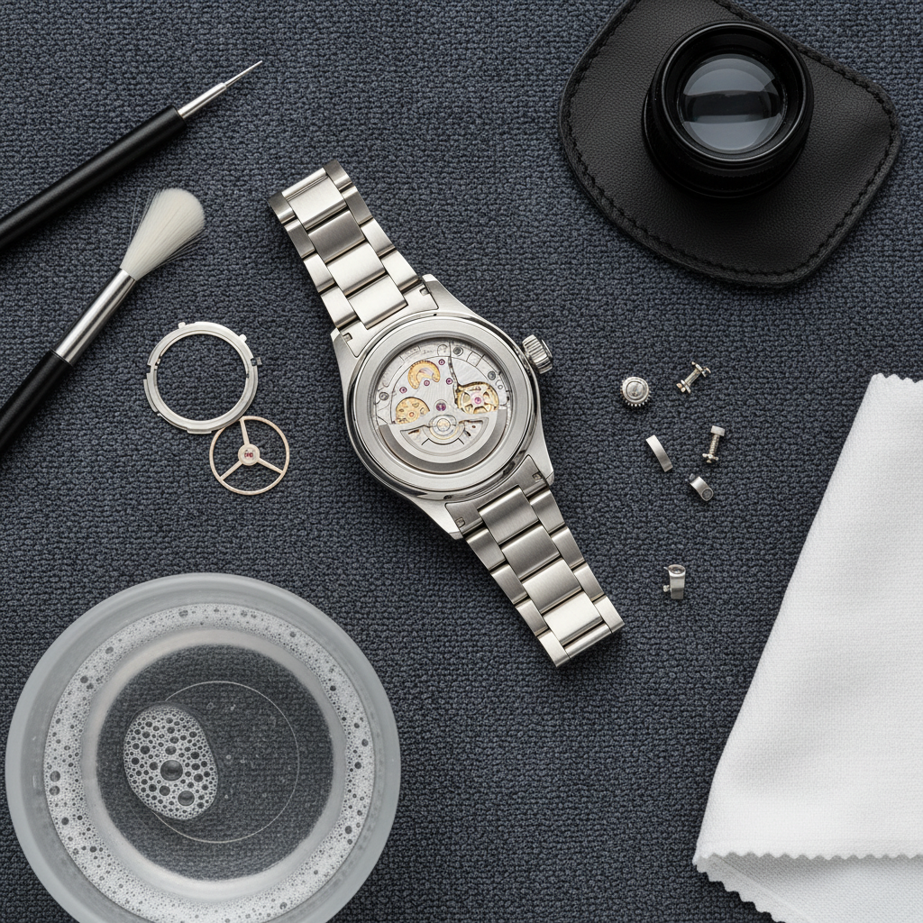 A professional flat lay photo showing a high-end wristwatch, partially disassembled, on a soft, dark microfibre cloth. Surrounding the watch are small, specialized cleaning tools: a fine-tipped soft brush, a watchmaker's loupe, a small bowl of water with gentle soap suds, and a clean, dry polishing cloth. The scene should convey meticulous care and attention to detail, with excellent lighting highlighting the clean surfaces of the watch and tools. Focus on the delicate nature of watch maintenance.