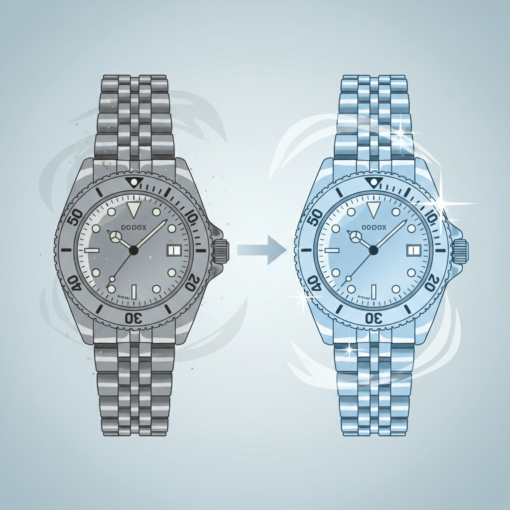 A striking, clean flat illustration depicting a 'before and after' comparison of a wristwatch. On the left side, the watch appears dull, with visible dust particles, fingerprints, and grime subtly accumulating in the crevices of the watch case and between bracelet links. On the right side, the identical watch gleams brilliantly, sparkling clean and polished, reflecting light beautifully. A subtle visual element could emphasize the removal of impurities, showcasing the transformational effect of proper cleaning.