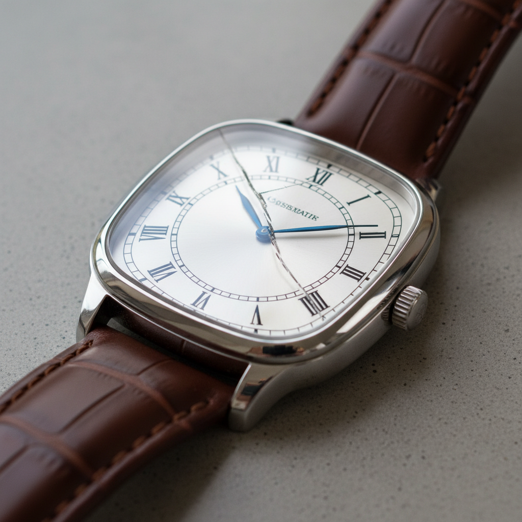 A close-up, high-detail professional photo showcasing a luxurious wristwatch with a prominent, unsightly scratch on its glass surface. The scratch should be clearly visible, disrupting the reflection and obscuring parts of the watch dial, conveying the aesthetic imperfection. The watch itself should be elegant, perhaps with a classic leather strap, resting on a clean, neutral surface. The lighting should subtly emphasize the scratch without being overly dramatic, focusing on the detail and clarity of the watch face. The image should highlight the contrast between the otherwise perfect watch and the damaged glass, visually representing the core problem addressed by the article.
