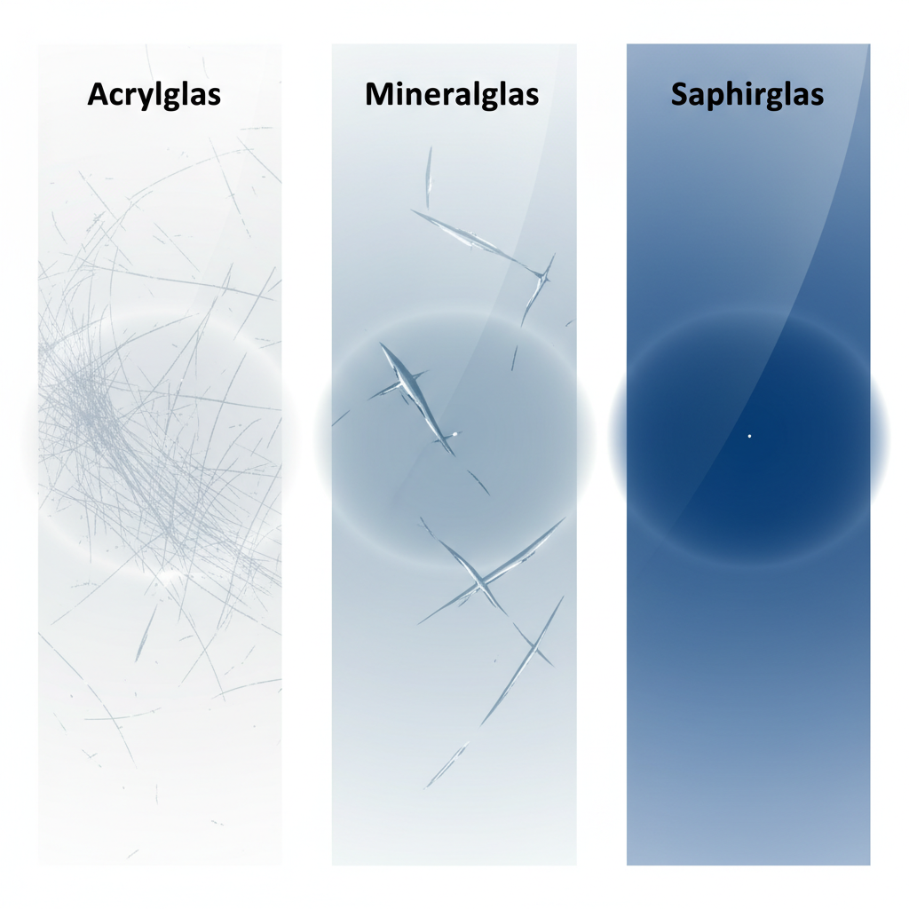 An infographic-style illustration depicting the comparative scratch resistance of different watch glass materials. The image should feature three distinct visual segments, each representing Acrylglas, Mineralglas, and Saphirglas. For Acrylglas, show a surface with numerous visible scratches. For Mineralglas, depict fewer, slightly deeper scratches. For Saphirglas, illustrate an almost pristine surface with perhaps one tiny, barely perceptible imperfection, symbolizing its superior hardness. Each segment should have a clear visual differentiator, like a subtle color gradient or a distinct material texture, allowing for easy comparison of scratch vulnerability across the materials in a clean, modern, and easily digestible manner.