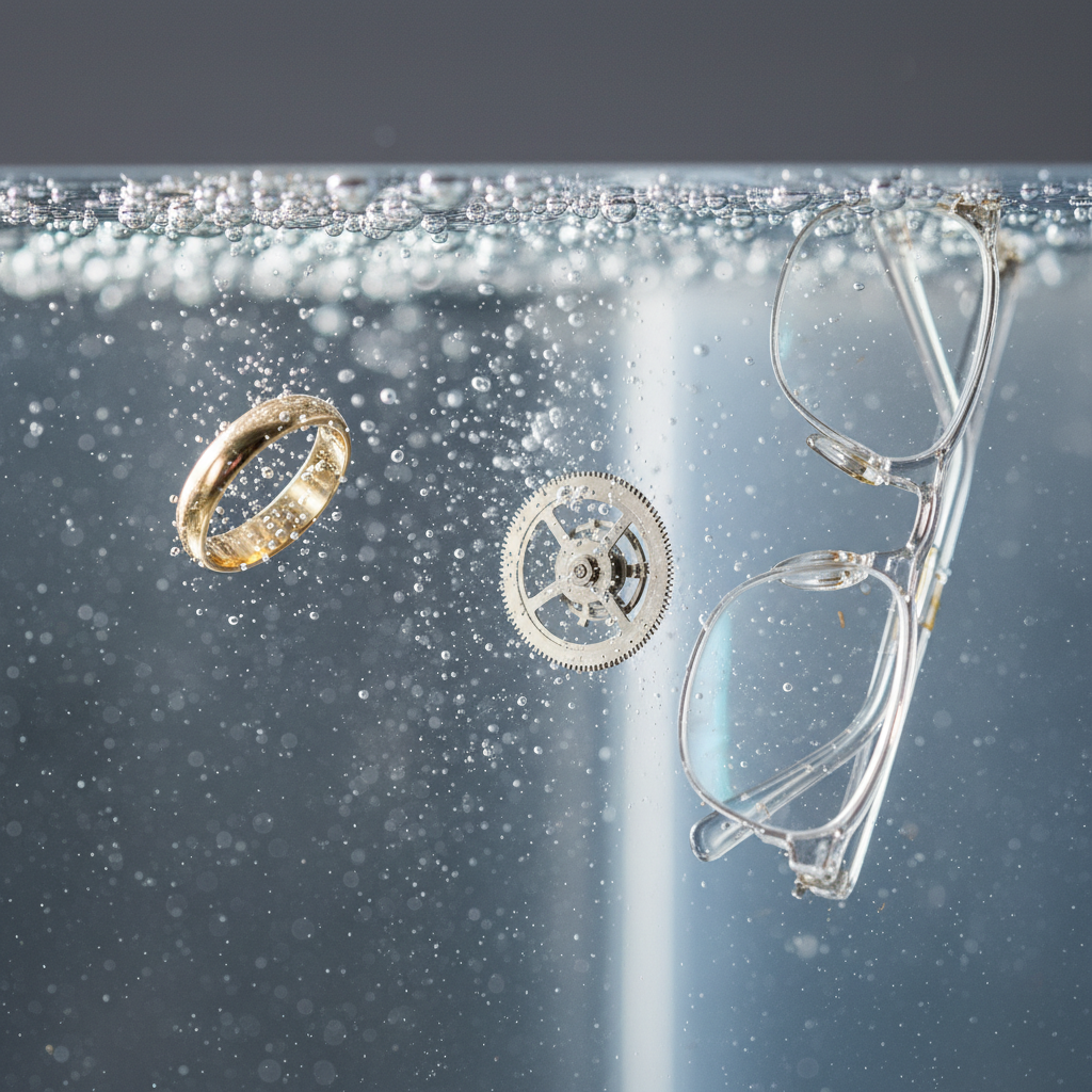 A professional, close-up photograph of an active ultrasonic cleaning tank. Inside the crystal-clear liquid, various objects like a sparkling gold ring, a detailed watch gear, and clean spectacles are suspended. Tiny, effervescent bubbles are visibly detaching microscopic dirt particles from the surfaces of these items, creating a soft, luminous glow around them, highlighting their newfound cleanliness. The background is blurred, focusing solely on the dynamic cleaning process within the tank, showcasing the gentle yet powerful action of the ultrasonic waves.