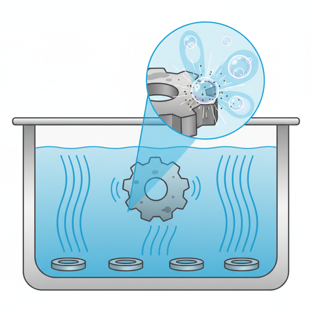 An illustrative, cutaway diagram in a clean, infographic style, depicting the cavitation process within an ultrasonic cleaner. Show sound waves emanating from transducers at the base of a tank filled with a light blue cleaning liquid. Focus on a magnified section near a submerged object (e.g., a small metal part). Illustrate microscopic bubbles forming in low-pressure zones, expanding, and then rapidly imploding against the object's surface, creating small, stylized bursts that dislodge tiny dirt particles. Use subtle color gradients and motion lines to convey the dynamics of the waves and bubble activity.