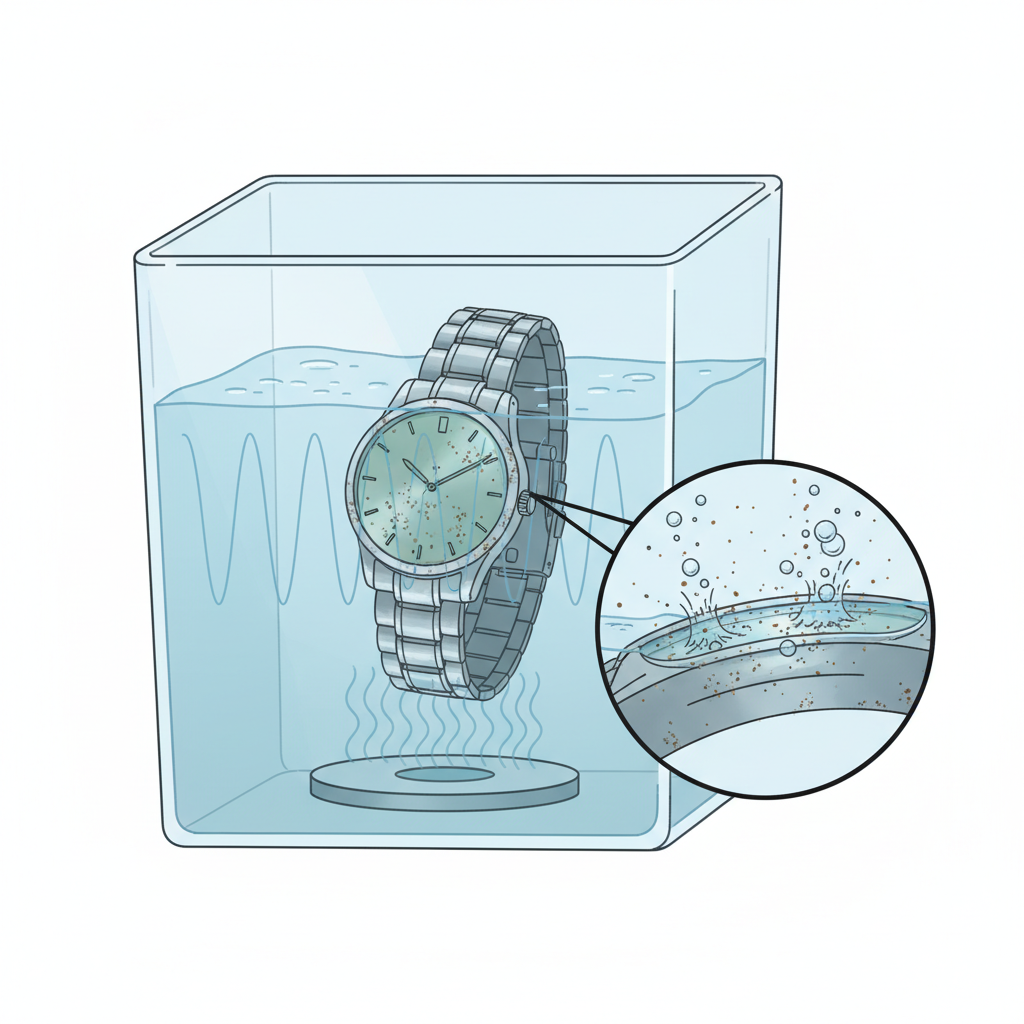 A dynamic, cutaway diagram illustration of an ultrasonic cleaner tank. The tank is filled with liquid, and a dirty object (e.g., a watch or a pair of glasses) is submerged within. Show faint, wavy lines emanating from the bottom transducer, representing ultrasonic waves. Focus on a magnified section near the object's surface, depicting microscopic bubbles forming, rapidly expanding, and then violently imploding. Small particles of dirt are visibly being dislodged from the object's surface due to these implosions and dispersing into the liquid. The style should be clean, modern, and informative, like an infographic diagram.