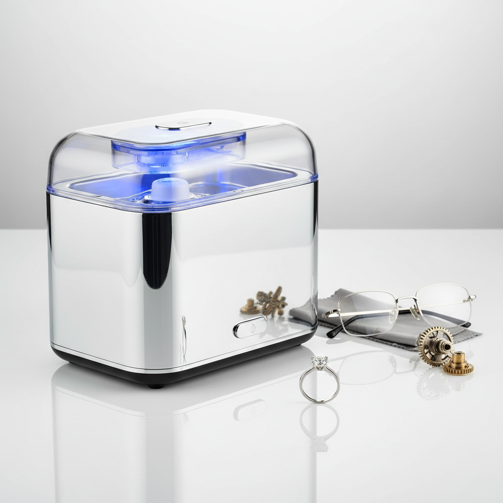 A professional, high-quality product photo or realistic rendering showcasing an elegant ultrasonic cleaner device on a clean surface. Next to the device, arrange a small collection of common items that benefit from ultrasonic cleaning: a sparkling clean ring, a pair of gleaming eyeglasses, and a shiny, intricate mechanical part. Emphasize the 'after' state of cleanliness. The overall aesthetic should convey precision, effectiveness, and a sense of sophisticated cleanliness. The lighting should be bright and highlight the pristine surfaces of the cleaned objects and the sleek design of the cleaner.