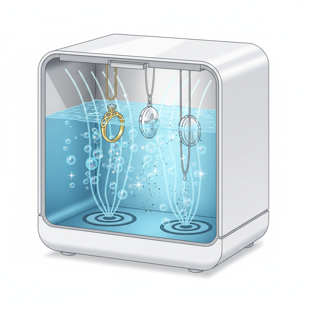 A scientific illustration depicting the inner workings of an ultrasonic jewelry cleaner. The image shows a transparent cross-section of a sleek, modern ultrasonic device. Inside the cleaning tank, fluid surrounds various jewelry pieces (e.g., a ring, a pendant). From the bottom, subtle, wavy lines represent high-frequency sound waves. These waves generate numerous tiny, glowing cavitation bubbles throughout the fluid, especially concentrated around the jewelry. Some bubbles are shown imploding, releasing small bursts of energy that gently detach microscopic dirt particles from the jewelry's surface. The overall style should be clean, informative, and visually explain the physical cavitation process.