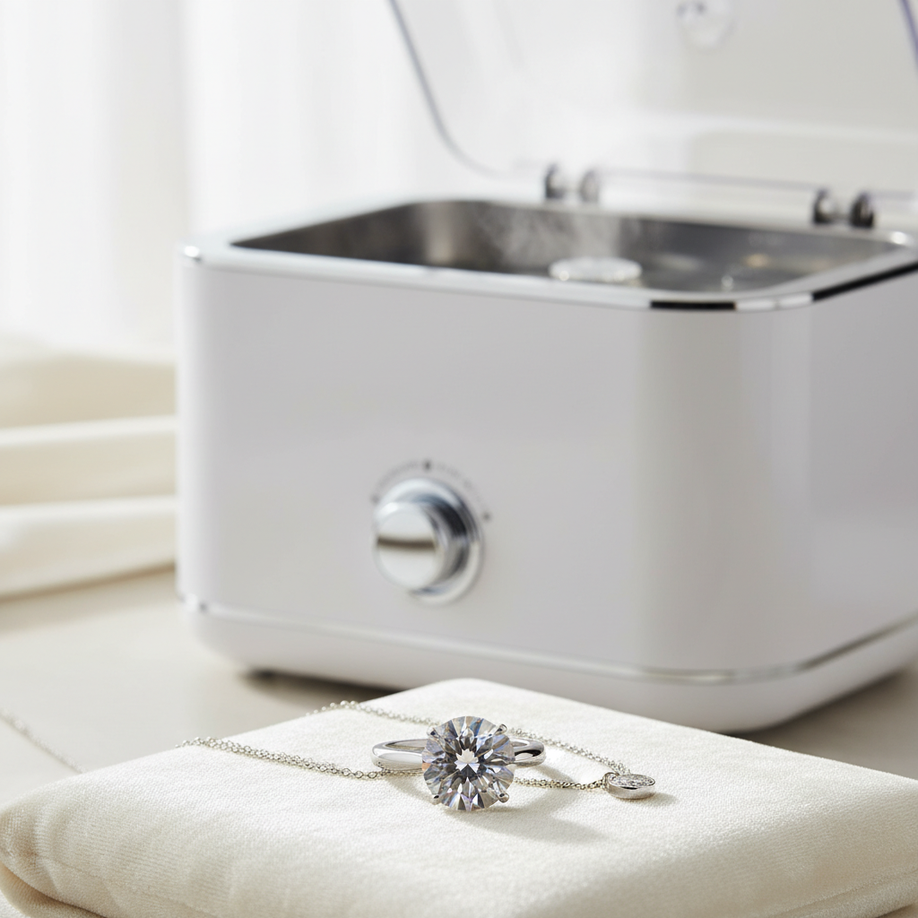 A professional product photo showcasing the transformative power of an ultrasonic jewelry cleaner. The foreground features a shimmering, impeccably clean diamond ring and a polished silver necklace, glistening brightly on a soft, elegant, light-colored cloth. In the background, slightly out of focus, is a sleek, compact ultrasonic cleaning device with its lid slightly ajar, a subtle mist or hint of activity rising from the tank, implying its recent use. The lighting should be bright and flattering, emphasizing the brilliance and sparkle of the cleaned jewelry and conveying a sense of luxury and effectiveness.