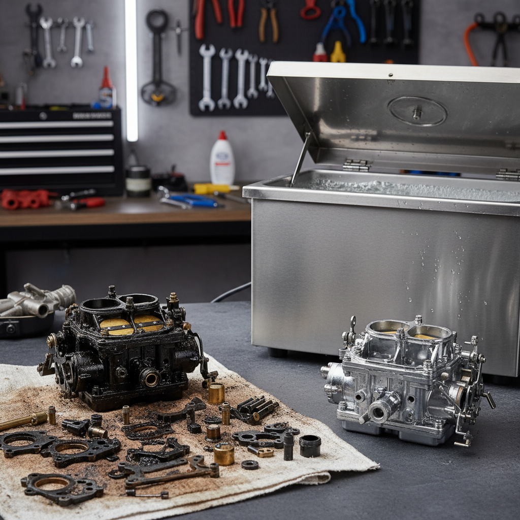 A professional, well-lit product photograph showcasing a detailed workbench scene. In the foreground, a disassembled, visibly dirty carburetor with grime, oil, and residue coating its intricate components. Adjacent to it, an open ultrasonic cleaning machine. Inside the ultrasonic cleaner's tank, a similar carburetor component, sparkling clean and pristine, is submerged in a clear liquid, with subtle indications of microscopic bubbles actively working. The image should vividly contrast the 'before' (dirty) and 'after' (clean) state, emphasizing the effectiveness of ultrasonic cleaning for intricate mechanical parts, set against a workshop backdrop.