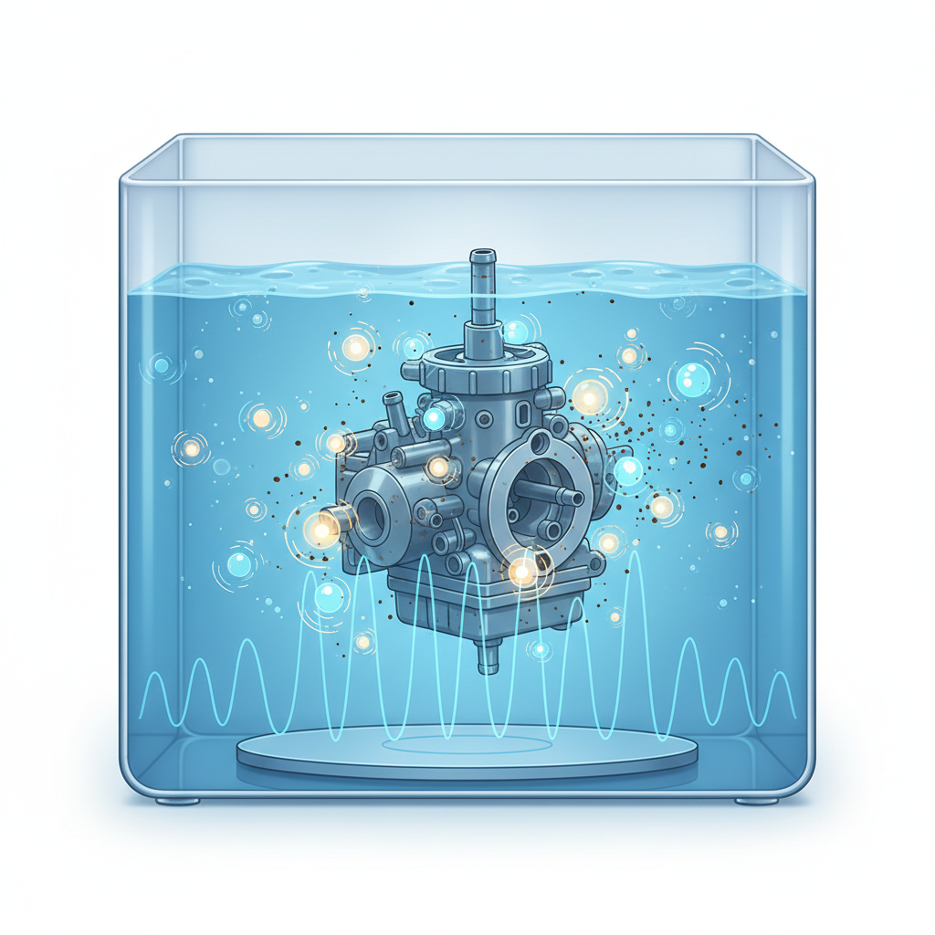 A modern, clear scientific illustration with a semi-transparent, cutaway view of an ultrasonic cleaning tank. From the bottom of the tank, subtle high-frequency wave patterns emanate upwards through a blueish, transparent cleaning liquid. Within the liquid, numerous tiny, glowing bubbles are depicted forming rapidly around a submerged, complex carburetor part. Dynamic lines and subtle 'shockwave' effects around some of the bubbles should visually represent them imploding and forcefully dislodging dirt particles from the carburetor's surface, illustrating the cavitation process in action with an informative, clean aesthetic.