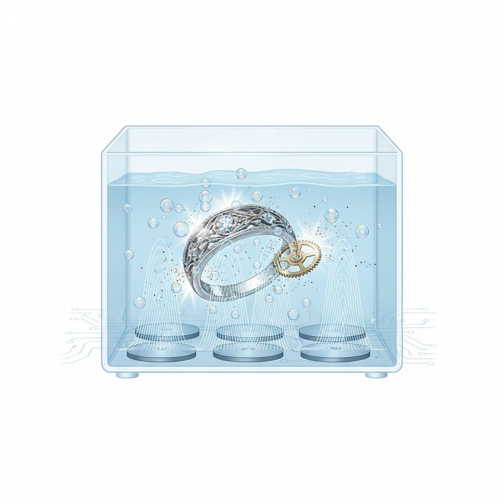 A highly detailed, cutaway infographic style illustration showing the internal mechanics of an ultrasonic cleaner. Depict a transparent tank filled with cleaning liquid. From the bottom, subtle wave patterns radiate upwards, indicating high-frequency sound waves. These waves should be seen creating numerous tiny, iridescent bubbles around a small, intricate object like a dirty ring or watch part submerged in the liquid. A few bubbles should be visually imploding very close to the object's surface, releasing small bursts of energy that dislodge minute dirt particles, visually separating them from the object. Emphasize the clean, scientific process.