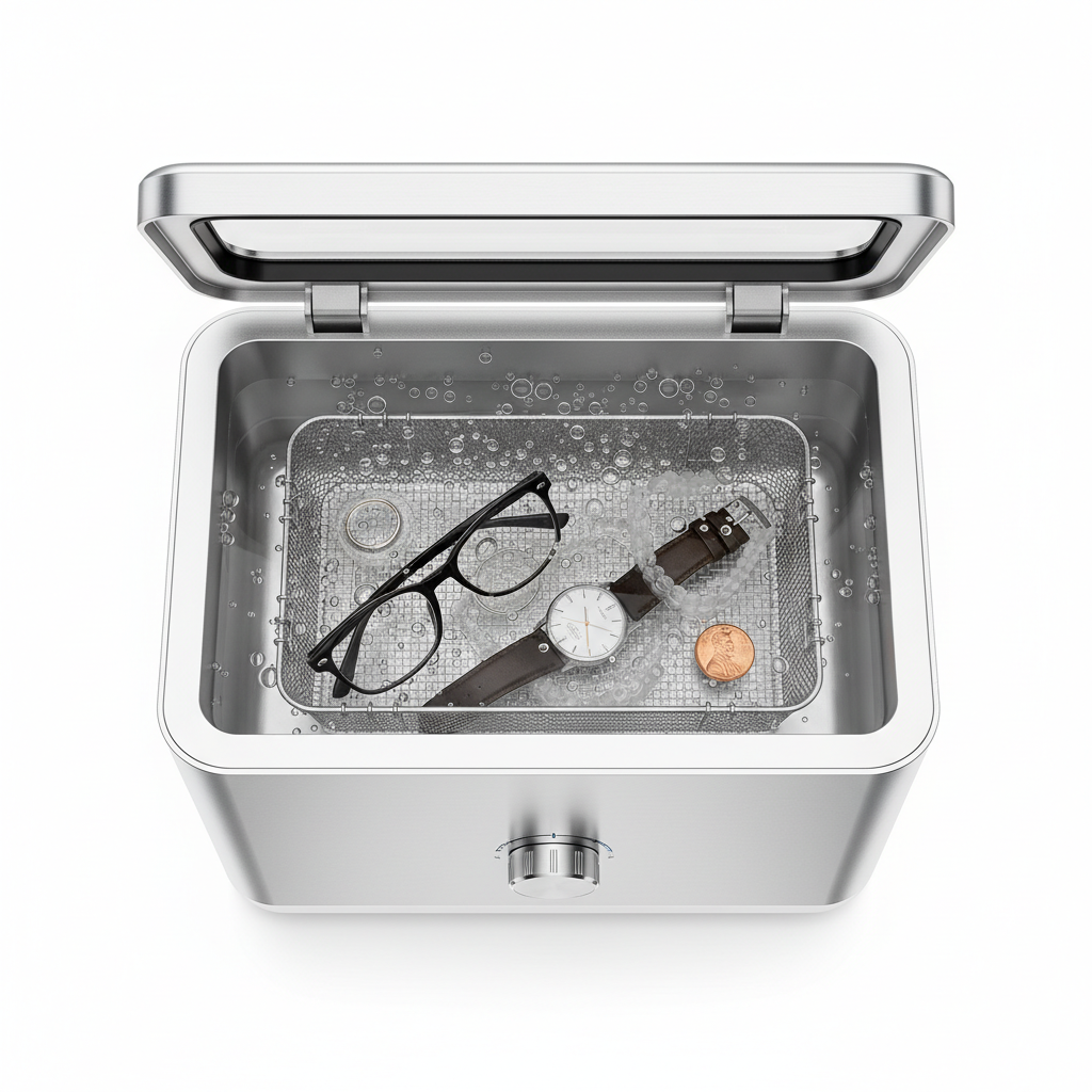 A professional, top-down product photo style image of a sleek, modern ultrasonic cleaning device with its lid open. Inside the visible tank, a transparent liquid holds a basket overflowing with a diverse collection of small, everyday items. These items should include a pair of eyeglasses, a delicate silver ring, a watch, and perhaps a small set of dental aligners or a coin. The liquid should subtly show fine, uniform micro-bubbles indicating the cleaning action. The overall aesthetic should convey cleanliness, efficiency, and versatility. The background should be clean and uncluttered.
