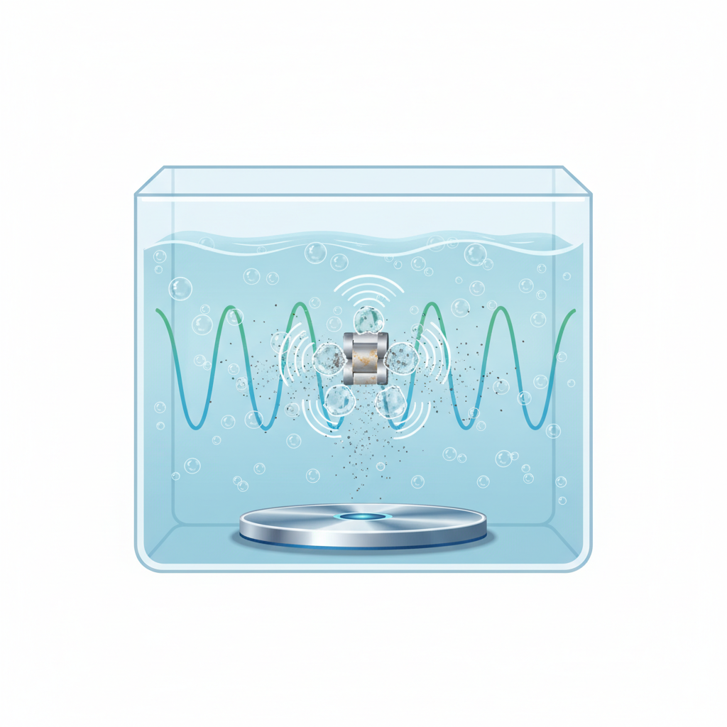 A detailed, clear infographic style illustration depicting the internal workings of an ultrasonic cleaner. Show a transparent cross-section of a rectangular ultrasonic cleaner tank filled with clear cleaning fluid. Below the tank, an ultrasonic transducer emits wavy lines representing high-frequency sound waves propagating upwards through the liquid. Small, transparent bubbles form in the liquid, some expanding and others rapidly collapsing (imploding) near a small, dirty object (e.g., a watch link) submerged in the fluid. Tiny shockwaves should emanate from the collapsing bubbles, visually dislodging microscopic dirt particles from the object's surface into the fluid. The overall aesthetic should be clean, scientific, and easy to understand.