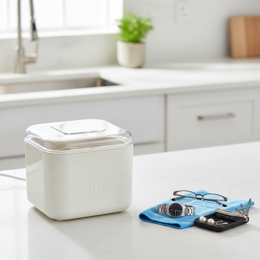 A professional photo, brightly lit, showing an ultrasonic cleaner positioned on a clean kitchen counter. The device should be a generic, modern design, perhaps with a subtle, unreadable logo shape on the front, suggesting an affordable, accessible product. Next to it, various small, everyday items are neatly arranged, either sparkling clean or waiting to be cleaned: a pair of eyeglasses, a wrist watch, a few pieces of jewelry (rings, earrings), and perhaps a small, intricate metal tool. The background should be a softly blurred, modern home kitchen environment, emphasizing the domestic utility and accessibility of the device.
