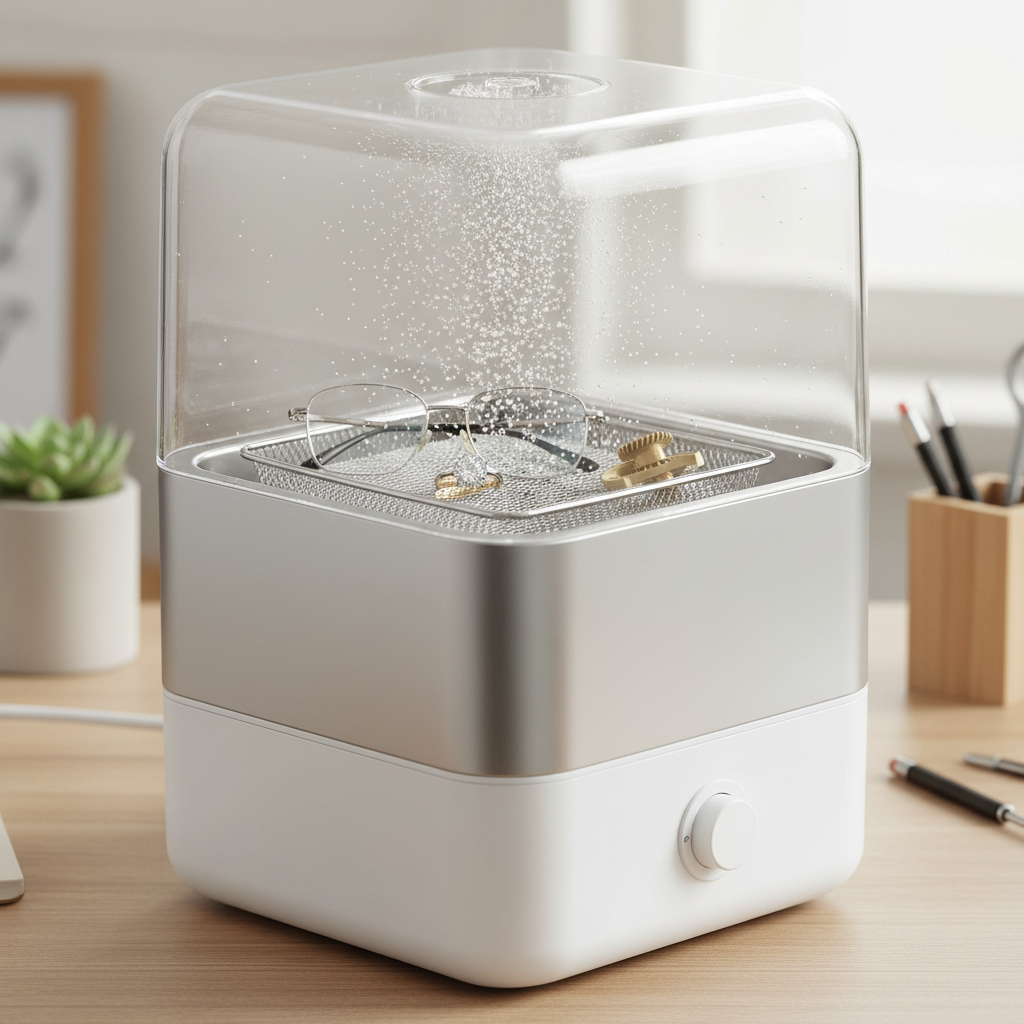A professional, vibrant photo of a sleek, modern ultrasonic cleaning device with a transparent lid, showcasing various items submerged in the cleaning liquid. Inside the tank, a gentle effervescence of tiny bubbles is visible, signifying the ultrasonic action. Items like a pair of eyeglasses, a sparkling ring, and a small, intricate metal component are neatly arranged in the basket. The background is softly blurred, hinting at a clean, contemporary home or workshop environment, emphasizing the ease and effectiveness of deep cleaning.