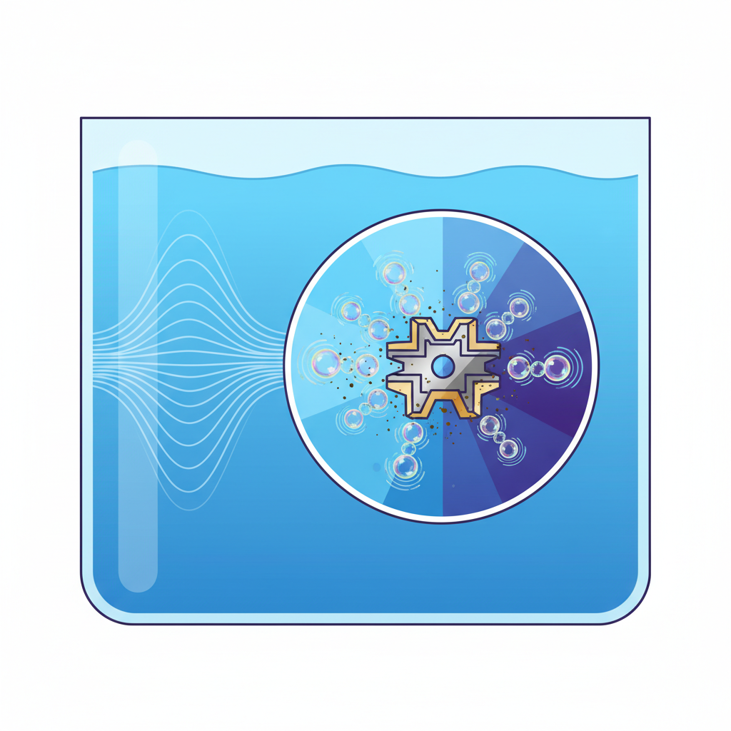 A detailed, infographic-style illustration depicting the microscopic process of ultrasonic cavitation. The scene shows a cross-section view inside a liquid-filled tank. High-frequency sound waves are represented by subtle wave patterns propagating through the liquid. Focus on a microscopic area near a small, intricate object (e.g., a gear tooth or a jewel setting), showing tiny vacuum bubbles forming in low-pressure zones and rapidly imploding in high-pressure zones. Dirt particles are visibly detaching from the object's surface due to the shockwaves from the collapsing bubbles. Use clean lines and a vibrant color palette to clearly explain the scientific principle.