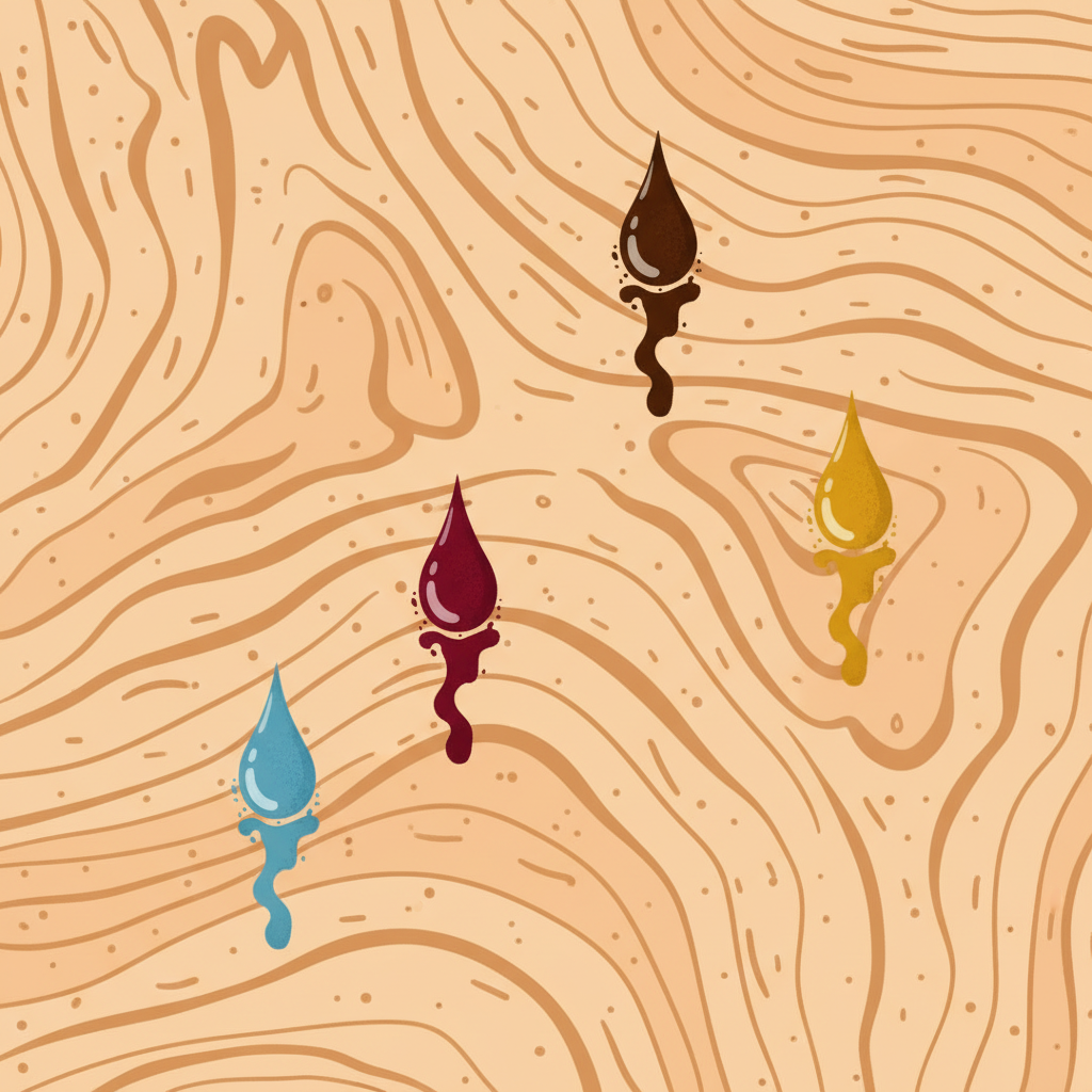 A detailed, clean flat illustration showing a cross-section of an untreated wooden surface. The illustration highlights the natural wood grain and distinctly open, unsealed pores. Various colored liquid droplets (representing water, red wine, coffee, and oil) are depicted actively penetrating the wood fibers, with visible trails extending deeper into the material. The image visually emphasizes the lack of a protective top coat, allowing liquids to seep in easily, showcasing the wood's vulnerability. Use warm, natural wood tones and vibrant, distinct colors for the liquids.