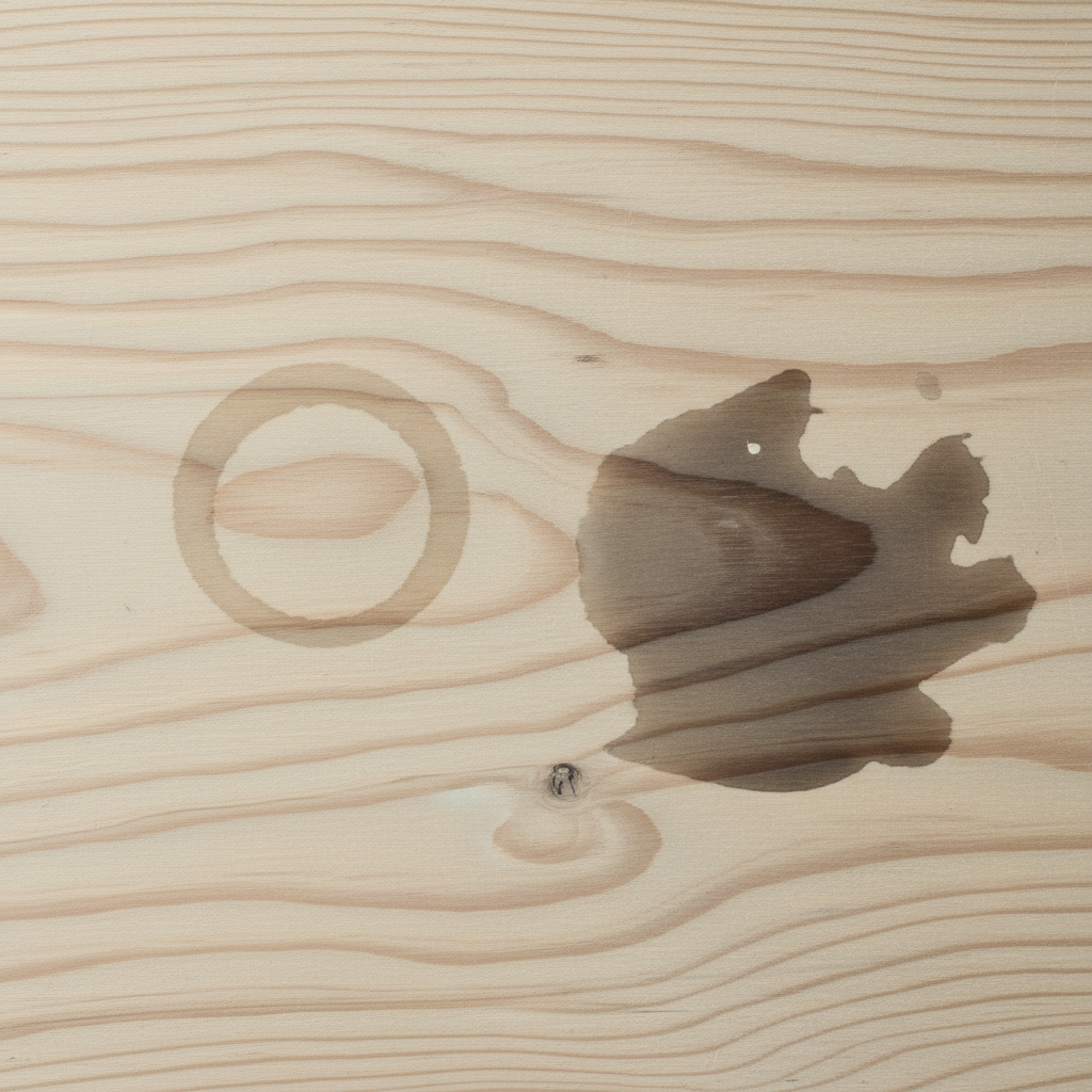 A realistic professional photo capturing a close-up of a natural, light-colored untreated wooden surface, possibly a tabletop or plank. The wood clearly shows two distinct, fresh stains. One is a subtle, circular water mark, appearing as a slightly darker ring or discoloration. The second is a more diffused, irregular dark grease or oil stain, visibly saturating the wood fibers with a slightly translucent, deep appearance. The photo focuses on the texture of the raw wood and the contrasting visual characteristics of each stain type, under soft, natural lighting.