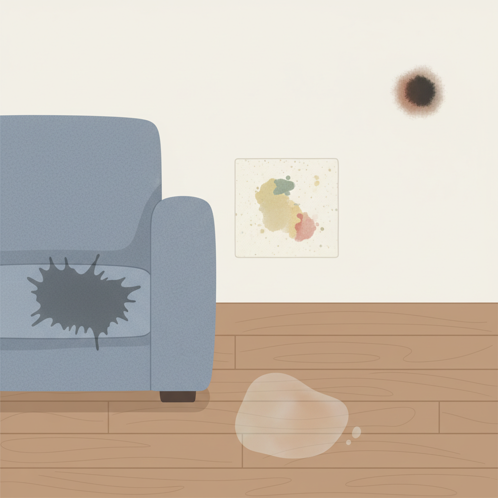 A flat illustration depicting a collage of various undefinable stains spread across different household surfaces. Visualize a section of a fabric sofa with a dark, ambiguous smudge, a patch of wooden flooring showing a light, greasy-looking mark, a ceramic tile with a faint, multi-colored splash, and a small area of a wall with a mysterious dark spot. The stains should be generic and abstract, emphasizing their unknown origin rather than specific types. The overall aesthetic should be clean and modern, using a soft, natural color palette to convey a slight challenge without being messy.
