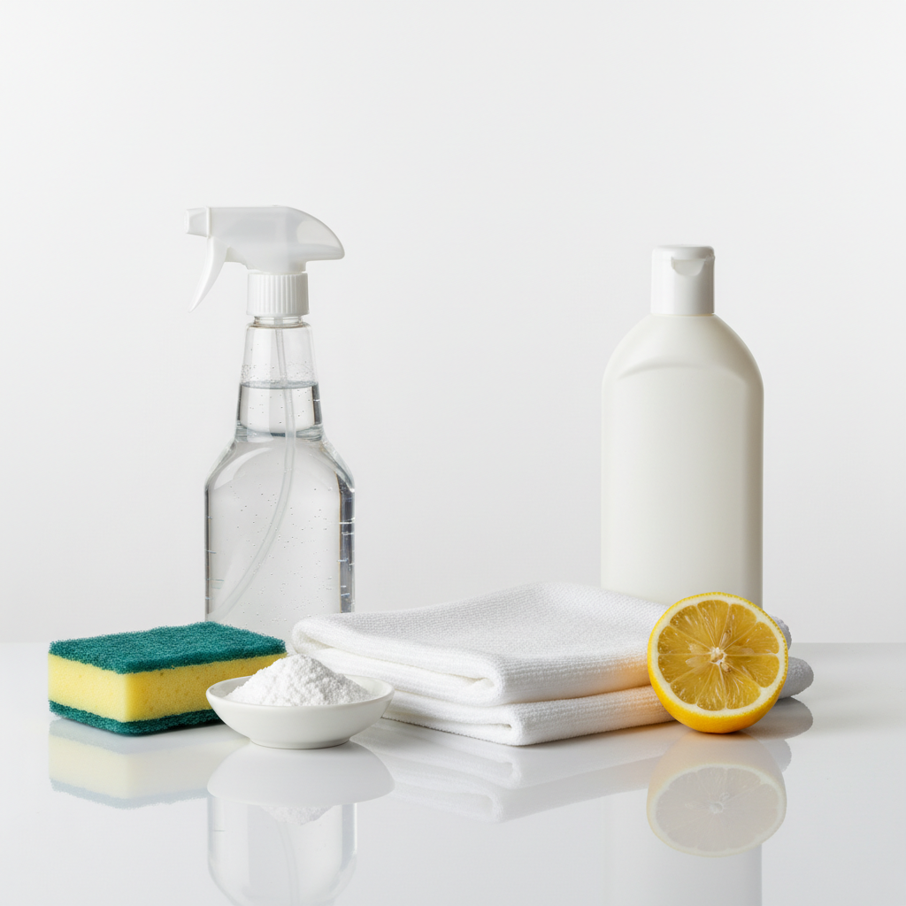 A professional studio photograph featuring a carefully arranged collection of essential household items used for stain removal. The composition should include common remedies like a clean white microfibre cloth, a spray bottle filled with a clear liquid, a sponge, a small bowl containing white powder (like baking soda), a lemon half, and an unmarked bottle suggesting a cleaning solution. These items are artfully displayed on a bright, minimalist surface, conveying a sense of preparedness and practical solutions. The lighting should be soft and even, highlighting the textures and cleanliness of the objects.