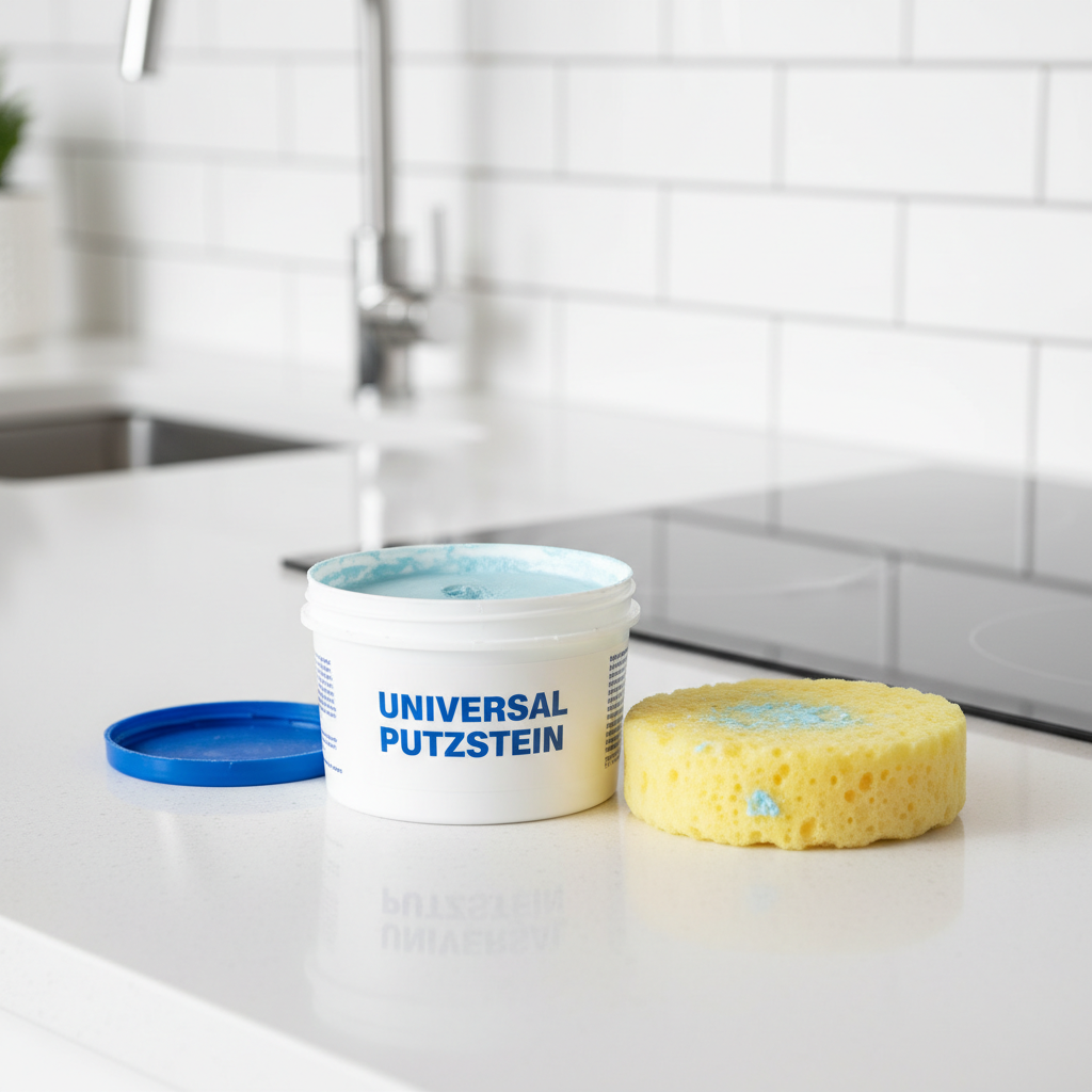 A vibrant, professional photo showcasing a Universal Putzstein tub with an open lid, revealing the solid cleaning paste, accompanied by a slightly damp, well-used sponge. The items are arranged on a sparkling clean kitchen or bathroom countertop, with various impeccably clean surfaces subtly visible in the background, such as gleaming stainless steel fixtures, pristine white ceramic tiles, and a shiny glass cooktop. The scene radiates a sense of freshness, order, and effective cleaning, highlighting the product's versatility and the polished results it delivers across multiple household materials.