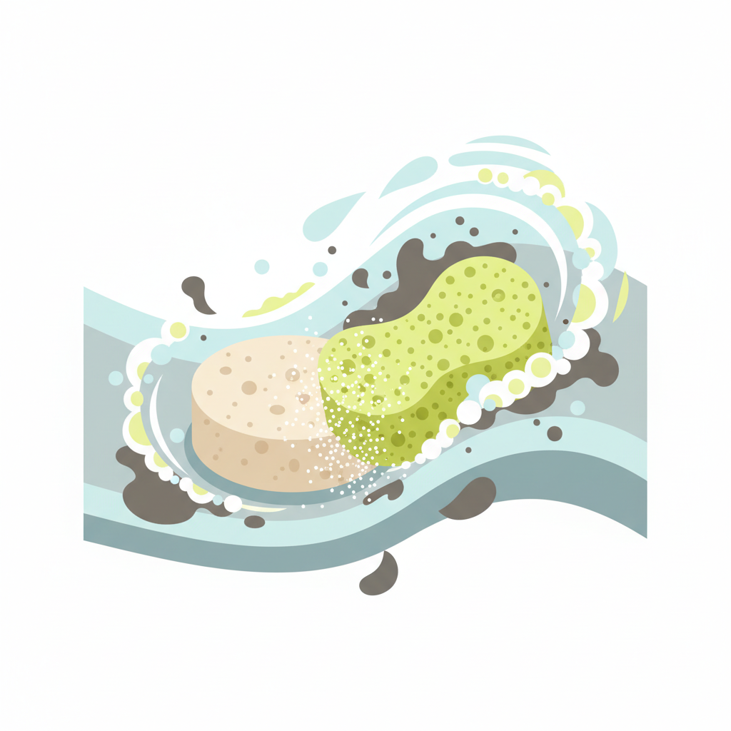 A modern, clean flat illustration with a slightly infographic style, visually explaining the cleaning action of a Universal Putzstein. The central focus is a piece of the solid Putzstein next to a sponge being used on an abstract surface. Fine, minute particles (representing the abrasives) are shown lifting away stylized dirt and grease blobs, while a foamy, sudsy effect (symbolizing the soap) surrounds the contact point, emulsifying the grime. The illustration should convey both the gentle mechanical action and the dissolving power, using a fresh, bright color palette.