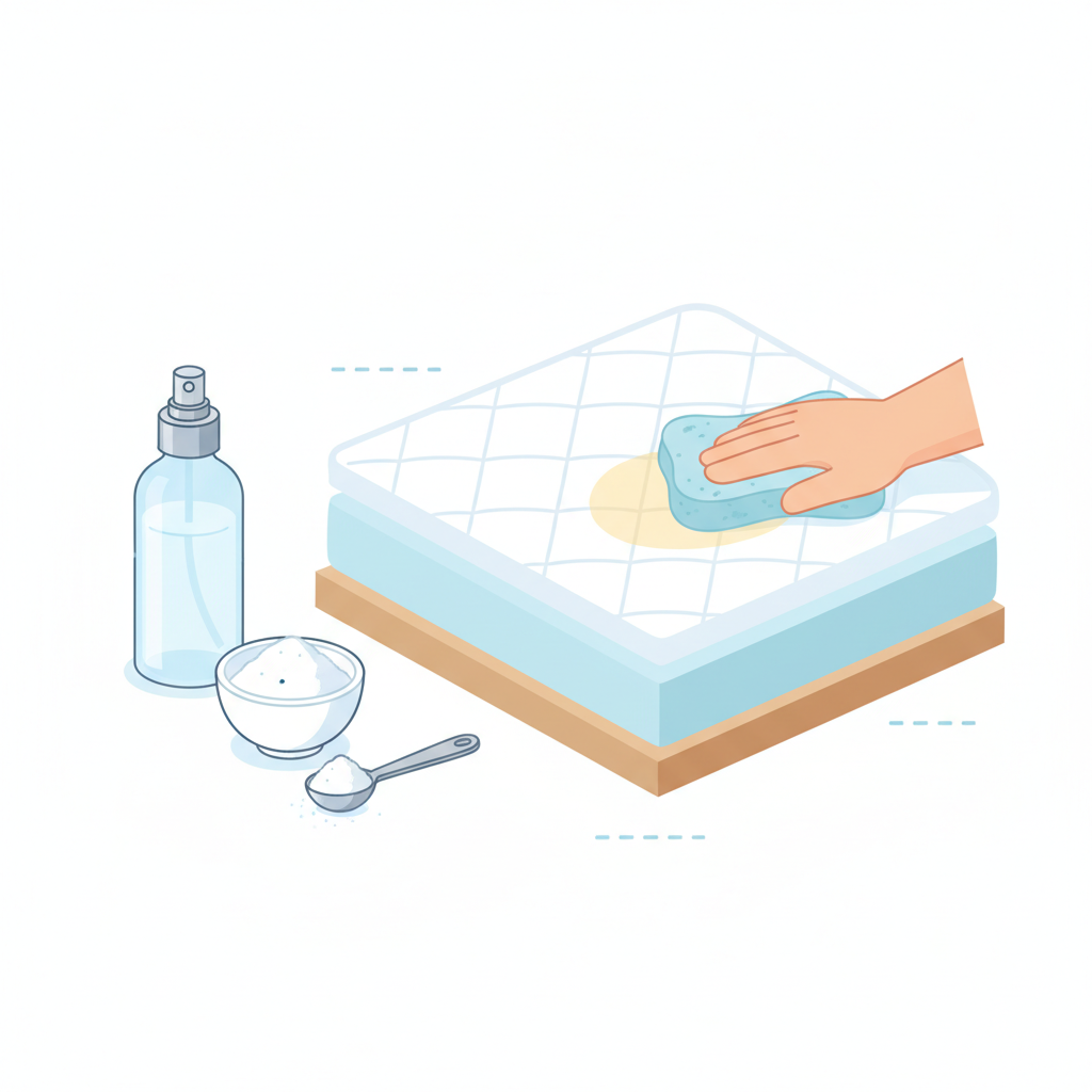 A detailed, flat illustration depicting the preparation and application of a home remedy for mattress stains. On one side, a clear glass spray bottle is shown with a transparent liquid inside (representing vinegar solution), next to a small white bowl filled with white powder (representing baking soda) and a measuring spoon. In the center, a simplified cross-section of a mattress shows a faded, light yellow stain. A clean, soft cloth or sponge is depicted gently dabbing the stained area. The color palette is clean and bright, using whites, light blues, and soft yellows to convey hygiene and effectiveness, in an infographic style.