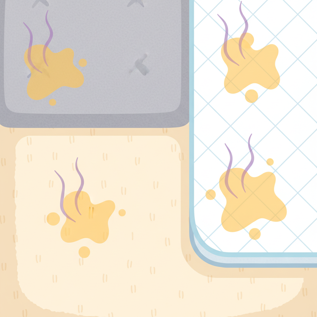 A vibrant, clean flat illustration of a cozy living space, blending elements of a carpeted floor, a sofa cushion, and a bed mattress edge. Small, abstract, stylized yellow-orange smudges or 'ghost' stains subtly indicate problem areas on these surfaces. From these areas, faint, wavy purple lines or 'odor clouds' gently rise, representing unpleasant smells. The overall scene should convey a common household dilemma in an aesthetic, non-gross manner, highlighting multiple surfaces affected by urine stains and odors before cleaning. Use a bright, inviting color palette with soft textures.