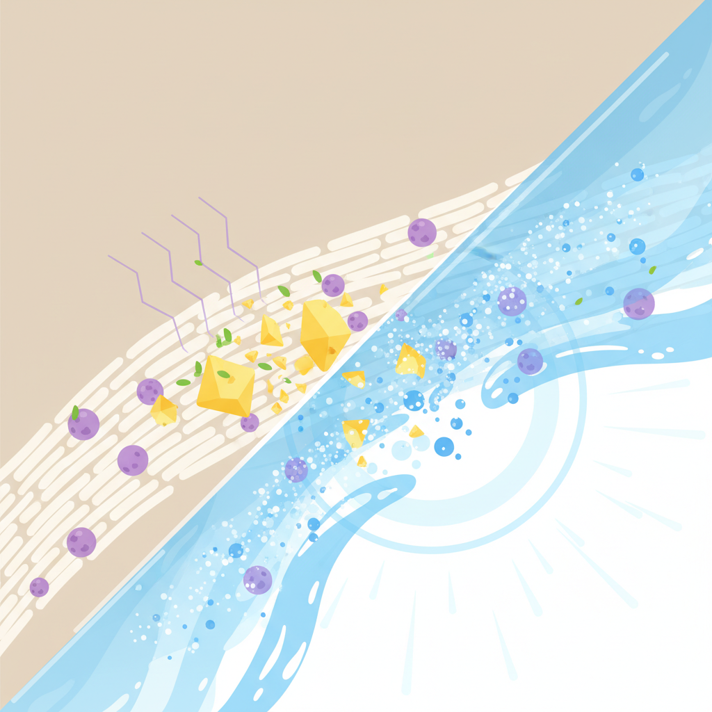 An infographic-style illustration depicting the 'science of cleaning' a urine stain. On one side, a magnified, abstract representation of a surface (like fabric fibers) shows stylized yellow uric acid crystals and small, round bacteria-like shapes embedded within. From these elements, faint, jagged purple lines or 'odor particles' emanate. On the other side, a visually distinct cleaning solution (represented by clear, flowing liquid or tiny active cleaning agent particles) interacts with these elements, visibly breaking down the crystals and neutralizing the bacteria, leaving the surface looking pristine with radiating freshness. Use a clean, modern color scheme with clear visual separation.