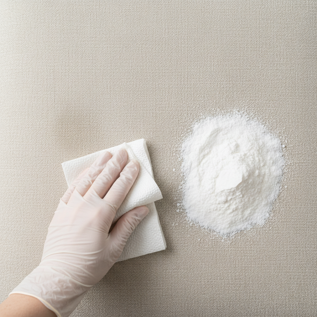 A close-up, top-down professional photo of a light-colored fabric sofa cushion. A small, slightly damp circular stain is visible on the fabric. A hand, clad in a clean glove, is gently dabbing the edge of the stain with a stack of white, absorbent paper towels, demonstrating the 'tupfen' action. In an adjacent area on the cushion, a generous, even layer of white baking soda is visibly sprinkled over another section, indicating odor neutralization. The lighting is bright and clean, emphasizing the texture of the fabric and the absorbency of the towels.