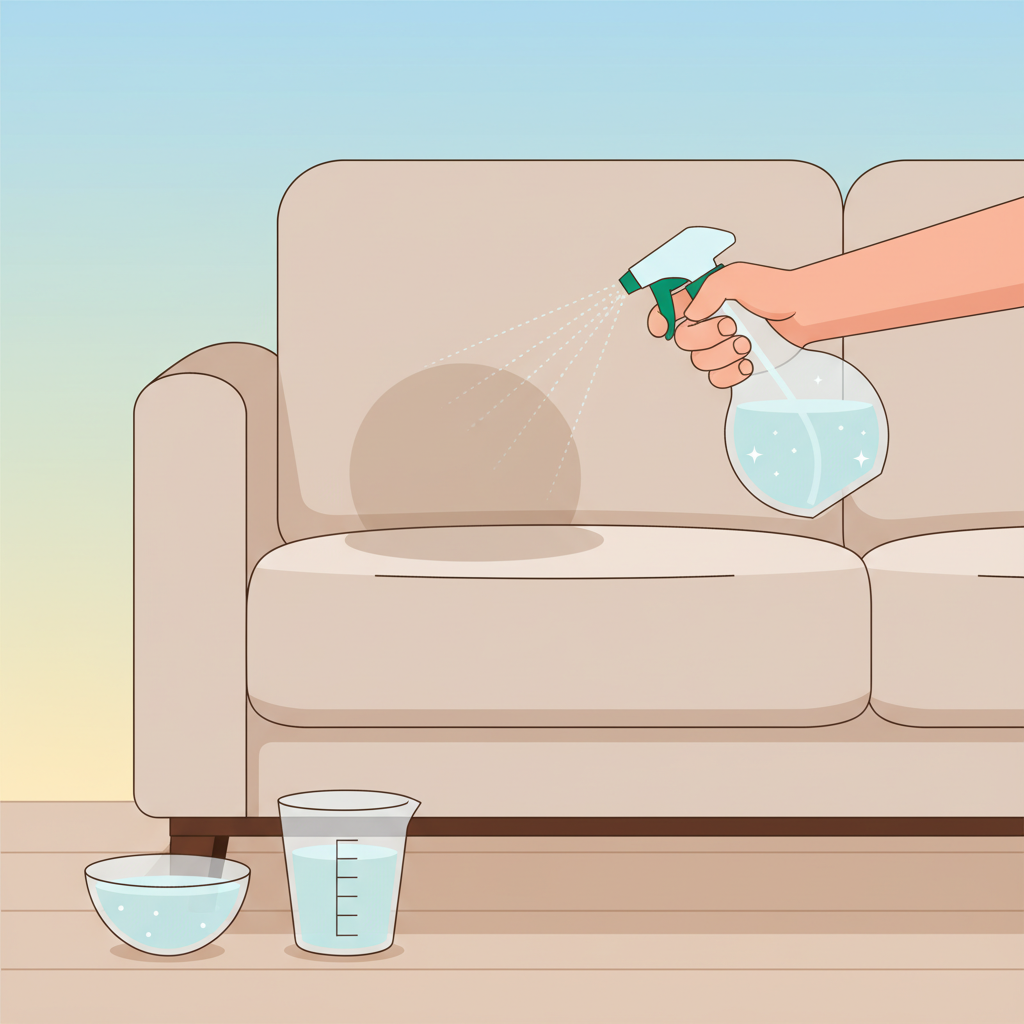 A vibrant flat illustration depicting the cleaning process for a fabric sofa. The scene shows a section of a beige fabric sofa. A hand, holding a translucent spray bottle filled with a clear liquid (suggesting a vinegar solution), is gently misting a specific area on the sofa where a stain would typically appear. Next to the sofa, a small glass bowl contains a clear liquid, and a measuring cup is nearby, subtly hinting at the preparation of a cleaning solution. The overall style is clean, modern, and inviting, with a focus on simple, understandable action.