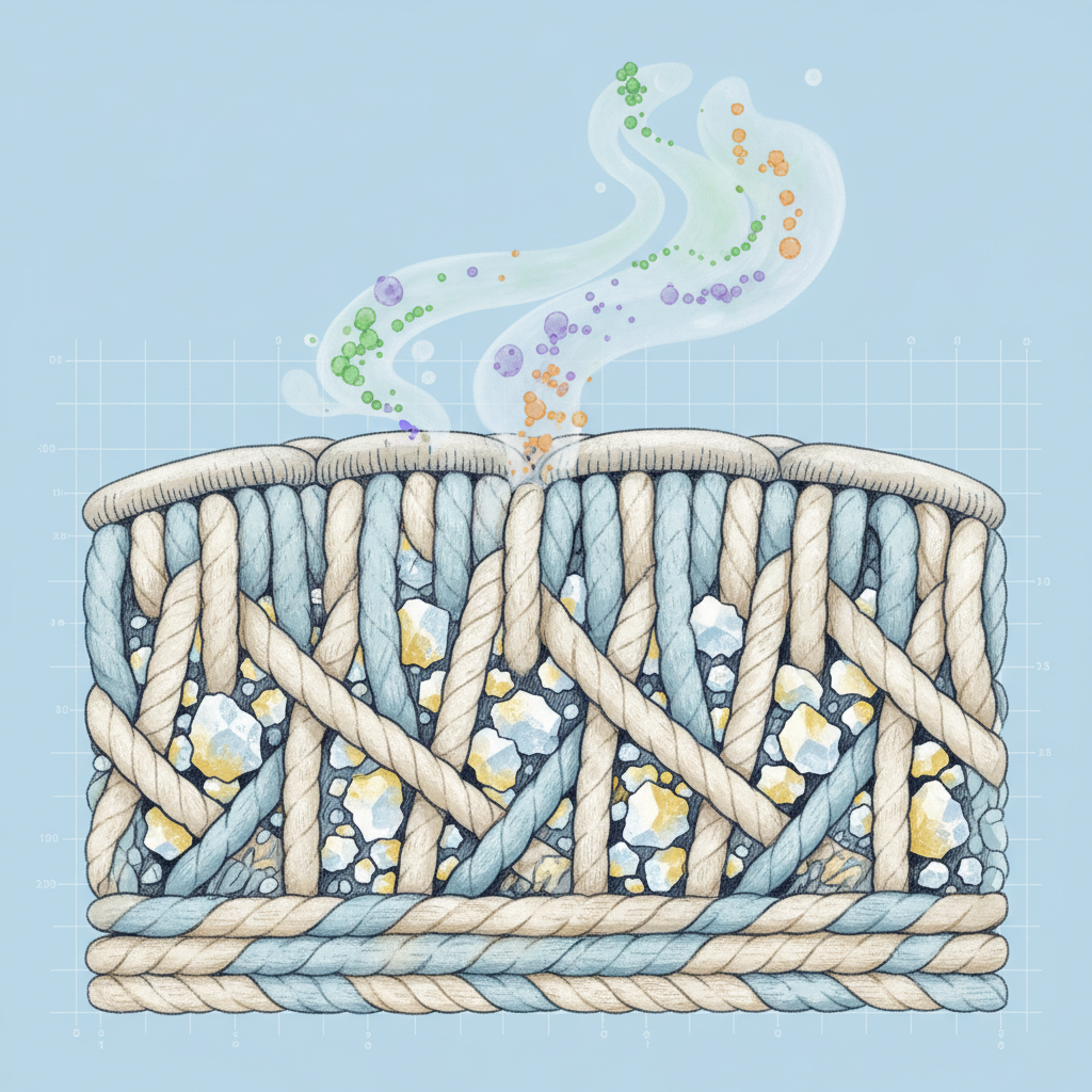 A detailed, cutaway infographic style illustration depicting a microscopic view of sofa upholstery fibers. Deep within the fabric, small, crystalline structures representing uric acid crystals are embedded. Tiny gaseous molecules, symbolizing volatile organic compounds (VOCs), are visibly escaping from these crystals and circulating around the fibers, creating a subtle, wavy 'smell cloud' emanating upwards from the fabric. The overall color palette should be clean and slightly scientific, highlighting the microscopic problem within the sofa material and explaining the stubbornness of the odor.