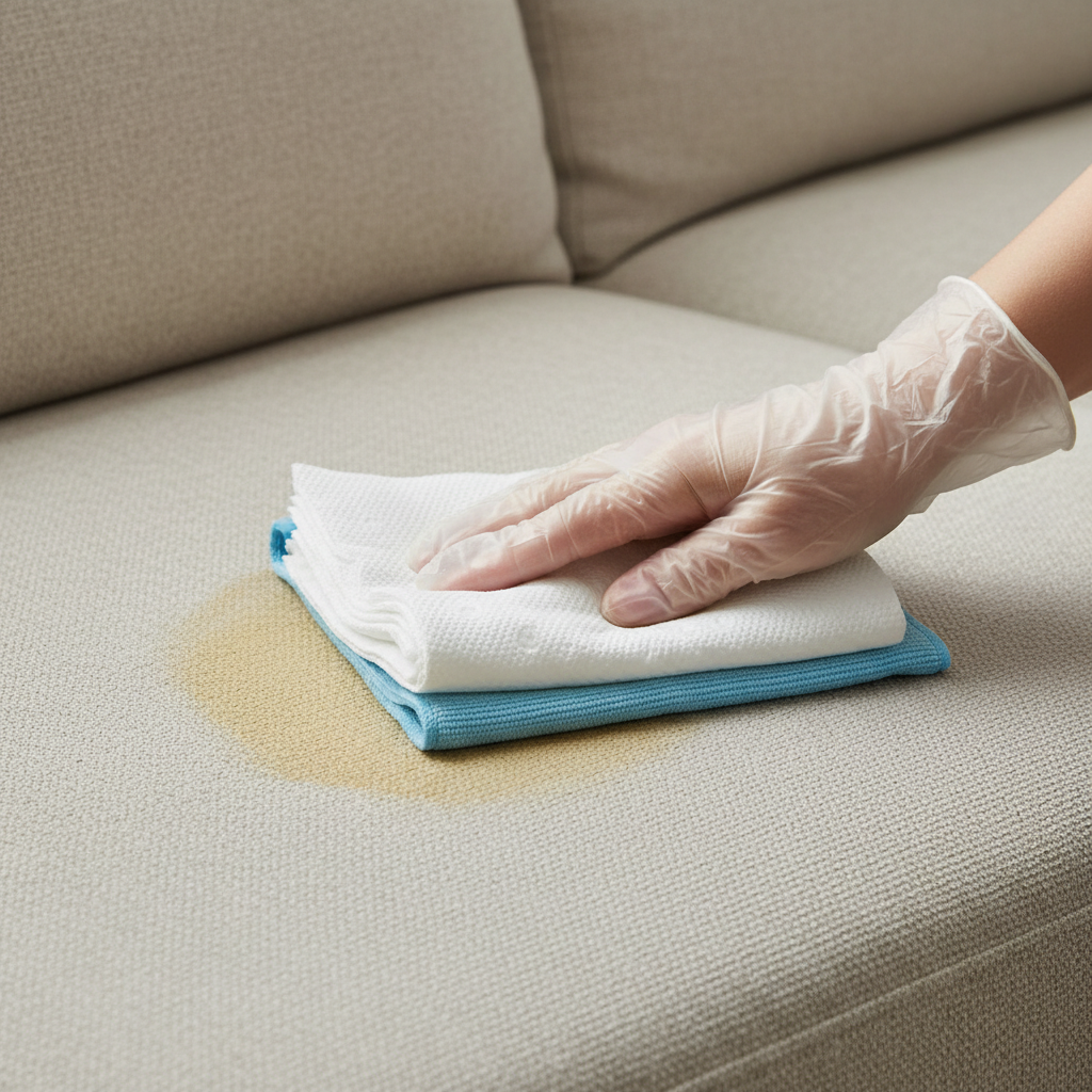 A close-up, professional photo of a modern, light-colored fabric sofa cushion with a noticeable, fresh urine stain. A clean hand, possibly wearing a latex glove, is gently dabbing the stained area with a stack of absorbent white paper towels or a clean microfiber cloth. The action emphasizes careful blotting to lift the liquid from the fabric, rather than rubbing it in. The surrounding upholstery appears clean and well-maintained, highlighting the urgency and precision of the immediate clean-up process.