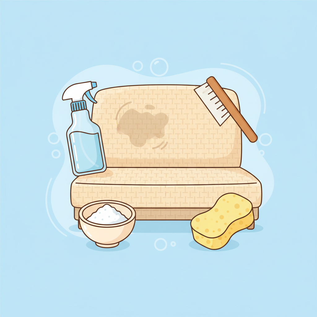 A clear, inviting flat illustration showcasing the key elements for treating sofa stains and odors. In the center, a representative section of a light-colored fabric sofa texture. Around it, neatly arranged, are a transparent spray bottle (implying a liquid solution), a small bowl filled with white baking soda powder, and a soft-bristled brush or a clean sponge. The style is bright and clean, conveying a sense of effective, accessible household remedies for restoring freshness to upholstery.