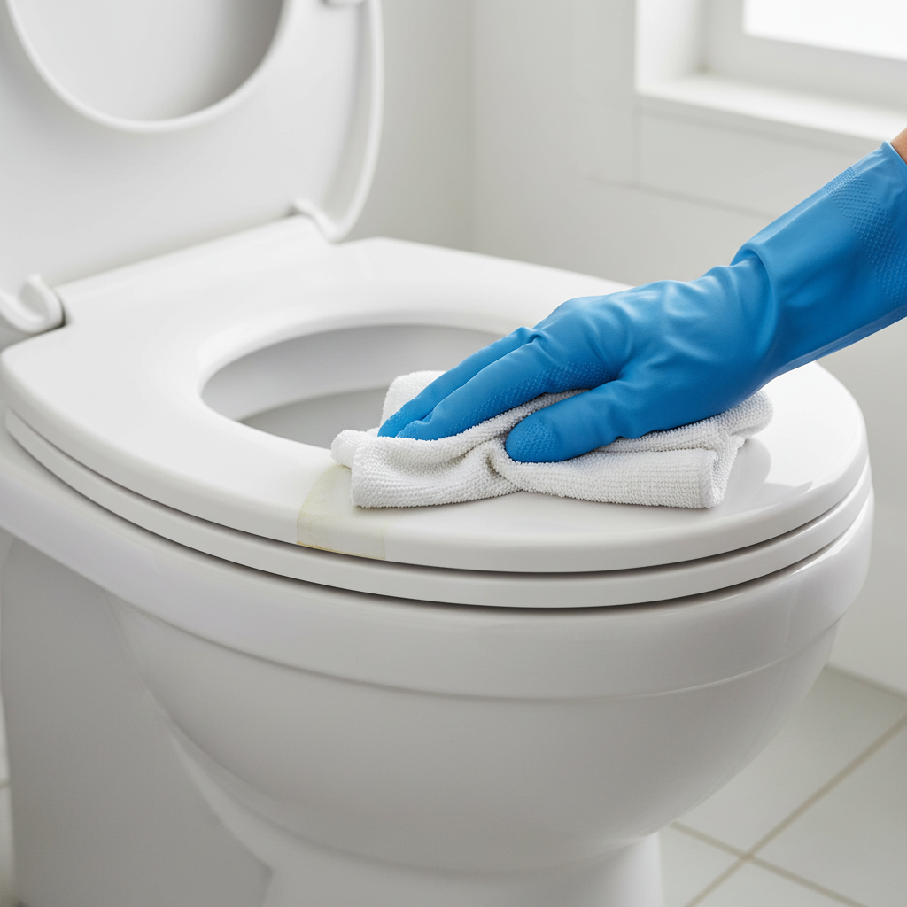 A close-up, slightly angled shot of a white toilet seat, showing subtle, yellowish, dried-on urine stains and faint limescale around the rim. A human hand, wearing a blue rubber glove, is gently wiping a portion of the stained area with a white microfiber cloth, revealing a clean, bright surface underneath. The contrast between the stained and cleaned areas should be evident, conveying effective cleaning. Professional photo, crisp and focused, in a bright bathroom setting.