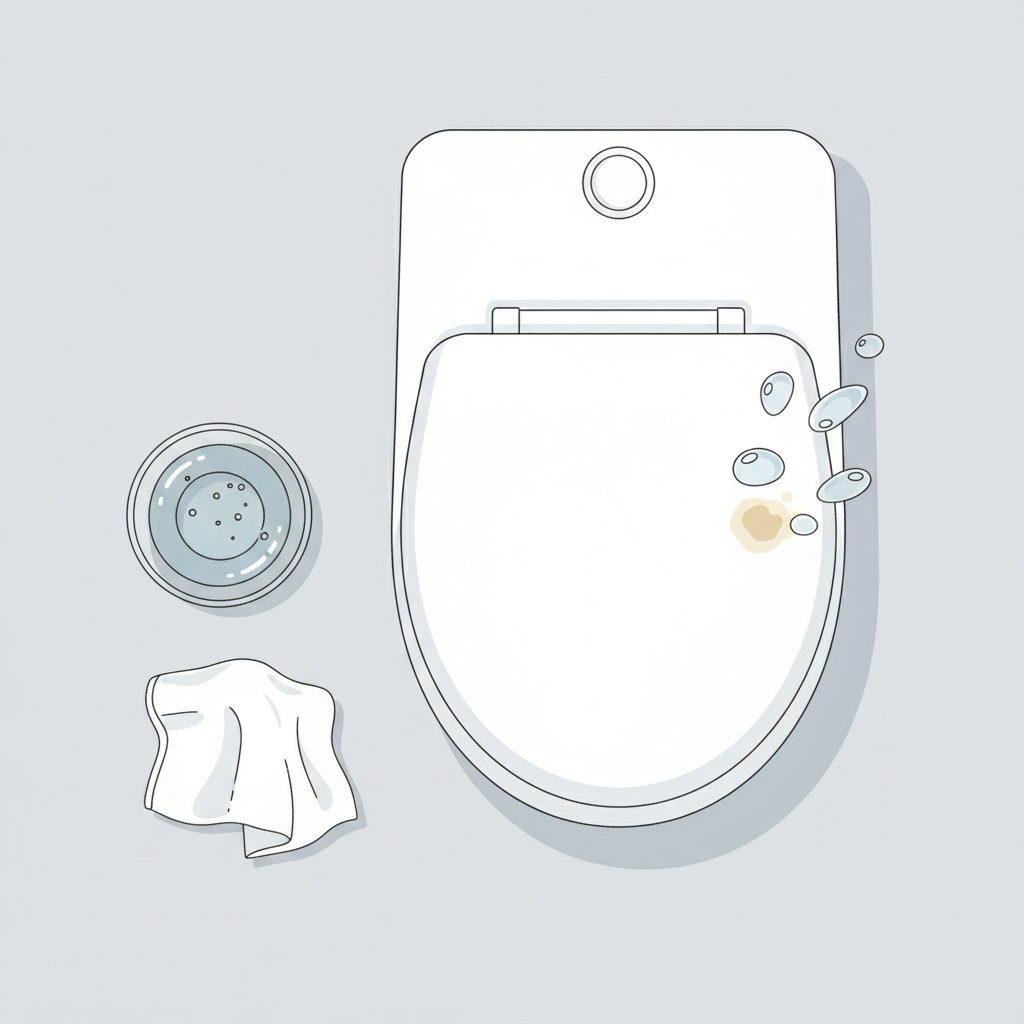 A flat lay illustration depicting a clean, white ceramic toilet bowl with a white plastic toilet seat. A small glass bowl filled with clear liquid (representing vinegar solution) sits next to it, with a clean white cloth partially submerged. A few drops of the liquid are shown mid-air, falling onto a specific, lightly stained area of the toilet seat. The overall style is clean, modern flat illustration with a focus on simple, recognizable elements for a DIY cleaning guide.