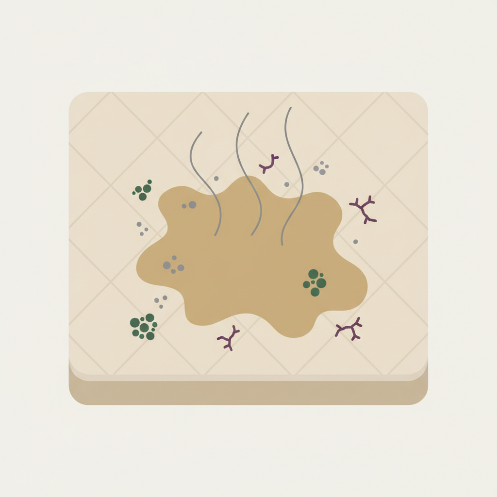 A stylized flat illustration depicting a problematic mattress. In the foreground, a light-colored mattress section shows a distinct, yellowish-brown stain. Emanating from the stain, subtle, wavy, grey vapor lines suggest an unpleasant odor. Tiny, abstract representations of bacteria and mold spores are visibly clustered around and within the stained area, hinting at microscopic issues. The overall impression is one of an unhygienic, stained mattress, emphasizing the core problem discussed in the article. Colors are muted and slightly desaturated to convey the issue.