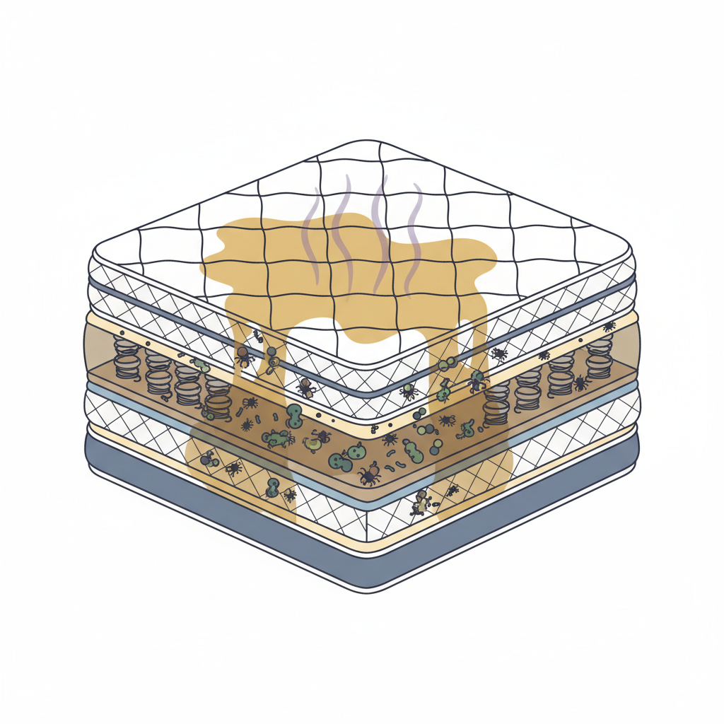 A detailed, clean infographic-style illustration depicting a cross-section of a mattress. The top layer of the mattress shows a prominent, damp, yellowish stain, indicating urine. Below the surface, the stain visibly penetrates deep into the mattress layers, represented by darker shades spreading downwards. Microscopic bacteria and dust mites are clearly illustrated swarming within and around the stained, damp areas, symbolizing the hygiene risk. Subtle, wavy lines emanate from the stained region, visually hinting at an unpleasant odor. The overall image should convey the depth of the problem and the unseen issues within the mattress, emphasizing the 'why' behind cleaning.