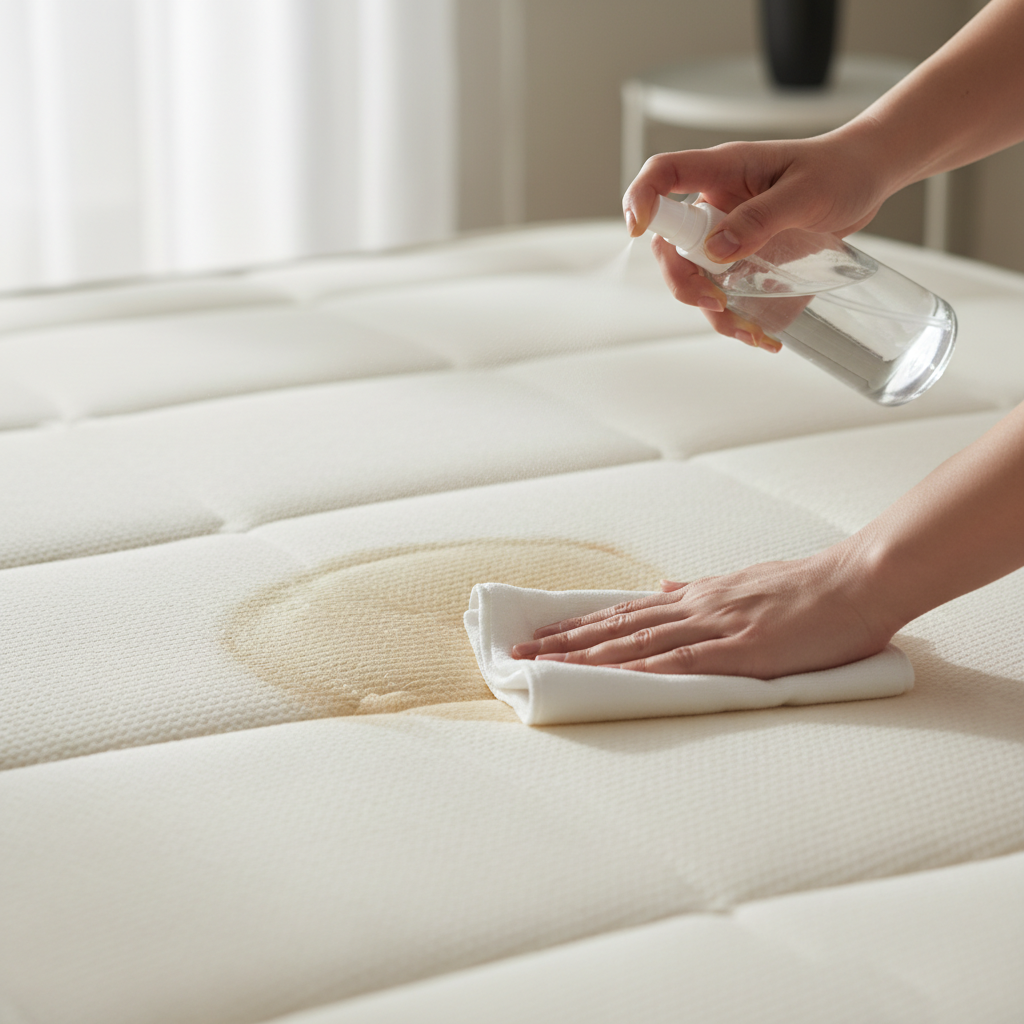 A vibrant, professional lifestyle photo showing a close-up of hands actively cleaning a mattress stain. A person's hands are central, one hand holding a transparent spray bottle with a clear liquid (representing a cleaning solution like vinegar water), aiming it at a visible, slightly damp stain on a light-colored mattress. The other hand gently blots the stained area with a clean, white cloth. The mattress fabric should appear soft and absorbent. The lighting is bright and natural, highlighting the cleaning action and suggesting effectiveness. The scene should convey diligence and a practical step-by-step approach to stain removal.