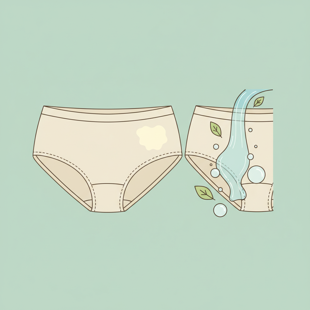 A visually clean, brightly lit flat lay illustration showing a pair of light-colored underwear with a subtle, pale yellowish stain on one side, representing the 'problem'. Next to it, a gentle stream of cold water is shown rinsing another part of the underwear, symbolizing the 'immediate action' step. A small, fresh green leaf or a tiny bubble icon could subtly indicate freshness or cleanliness emerging. The overall style should be a soft, modern flat illustration with a focus on hygiene and care, using pastel colors and clean lines, suitable for a health and home blog.
