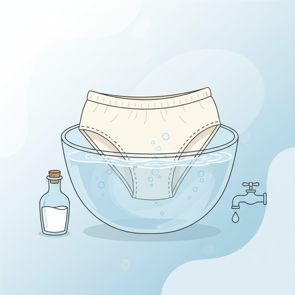 An infographic-style illustration depicting a clear glass bowl filled with a mixture of water and a splash of white vinegar, with a pair of light-colored underwear partially submerged in it. The liquid should have a subtle effervescence or gentle swirls to indicate the active cleaning process. Nearby, a simple icon of a vinegar bottle and perhaps a water faucet could reinforce the ingredients. The background should be clean and minimalist, using a bright, airy color palette. This image should convey effective, natural cleaning, emphasizing the 'home remedy' aspect without being overly complex.